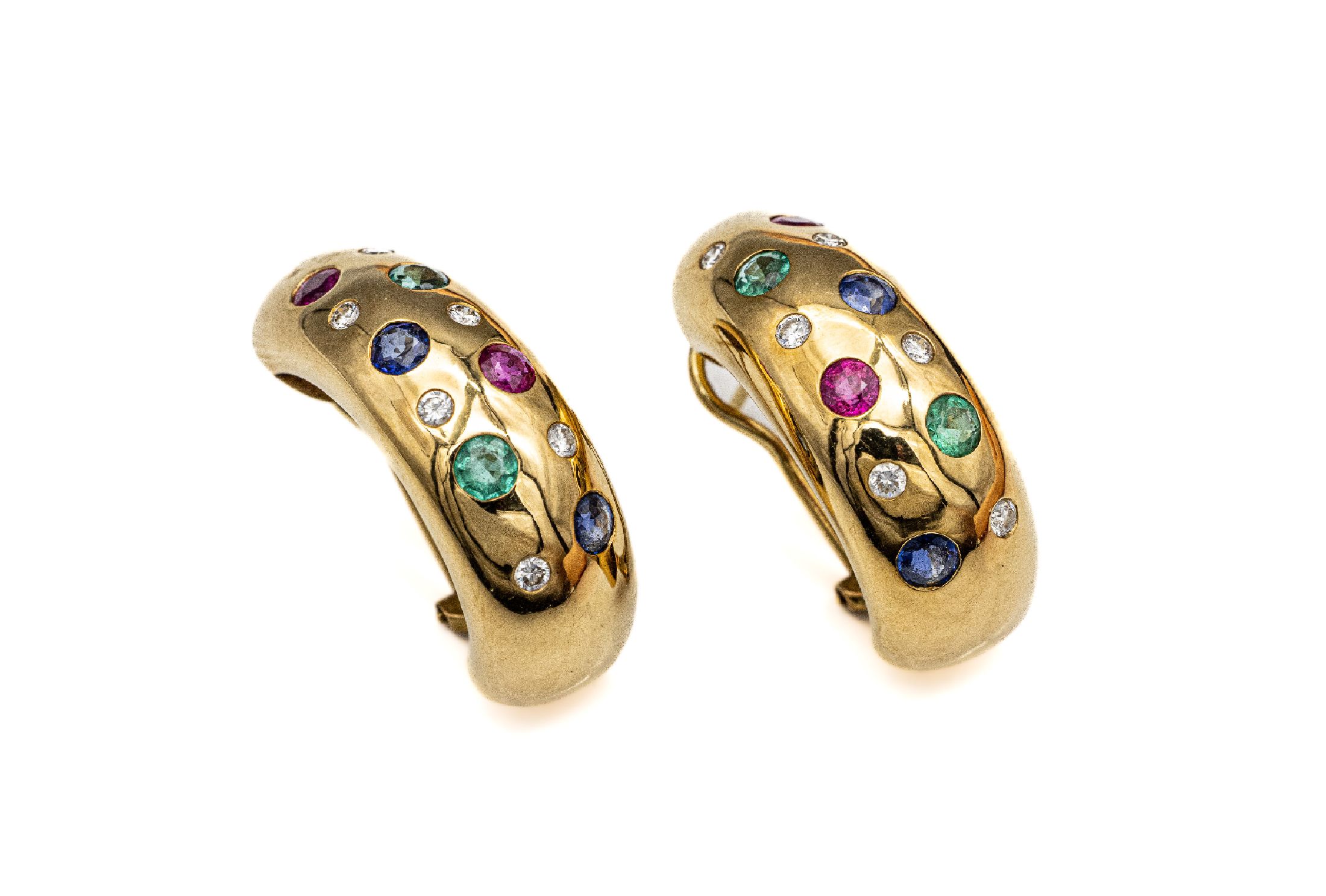 Paar 18 kt Gold Farbstein-Brillant-Ohrstecker, GG 750/000, 4 rundfacett. Saphire zus. ca.1.10 ct, 4 rundfacett. Smaragde zus. ca. 0.80 ct, 4 ...