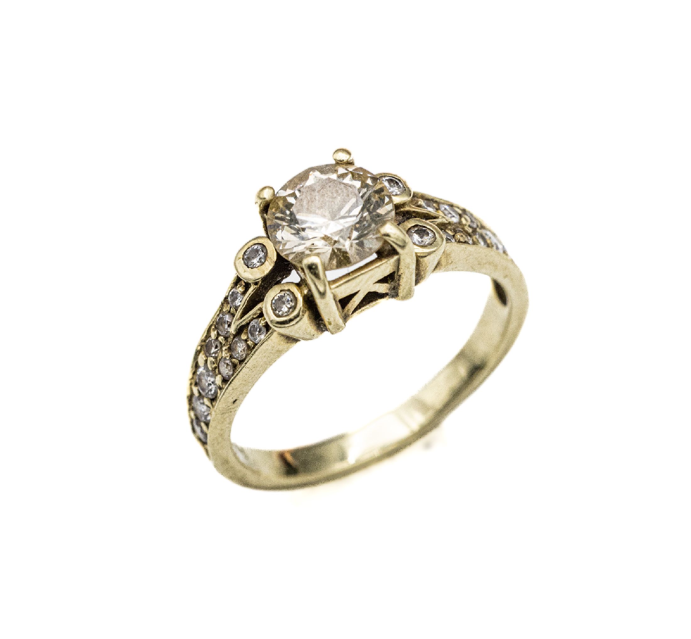 14 kt Gold Brillant-Ring, GG 585/000, Brillant ca. 1.50 ct fancy Braun/vvs, weitere 22 Brillanten zus. ca. 0.36 ct Weiß-get.Weiß/ si, ca. 5.1 g, ...