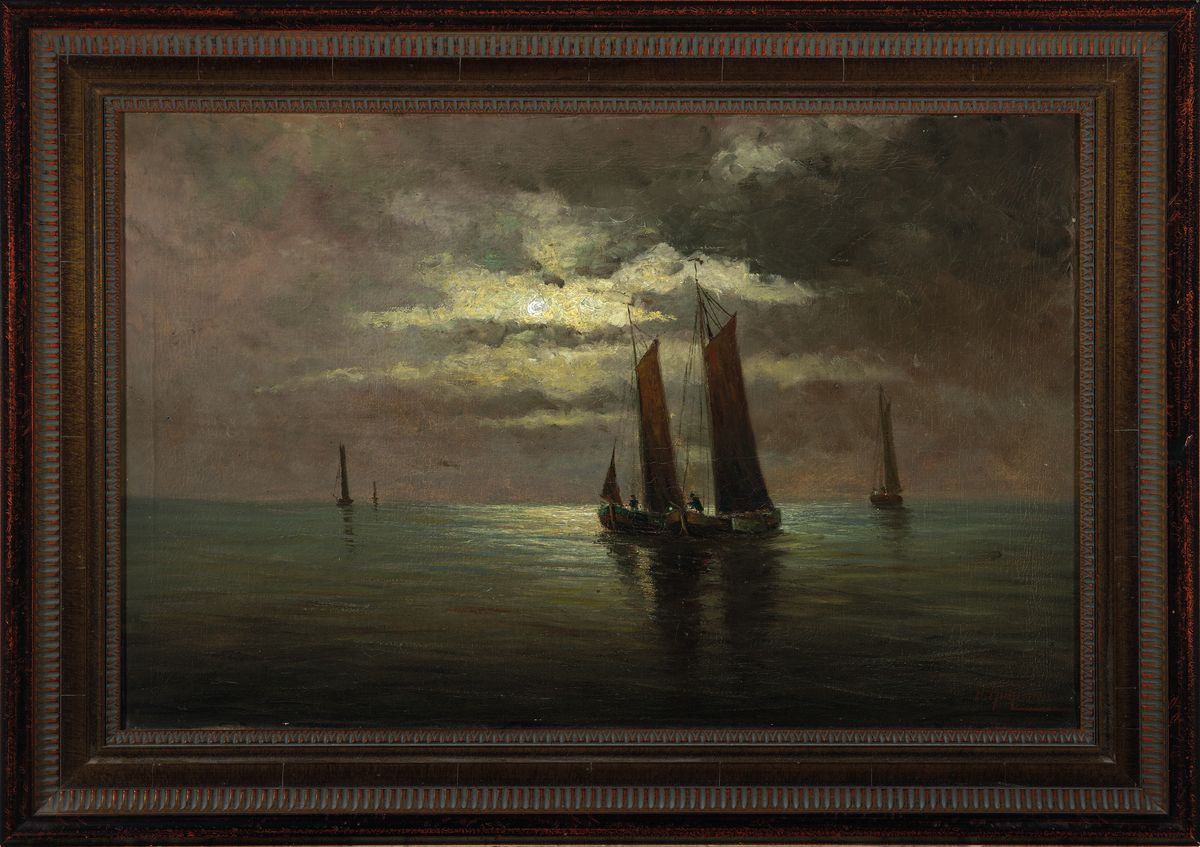 Detail k: Herbert Kuhlmann, geb. 1936 Hamburg, Fischerboote auf ruhiger See in einer Vollmondnacht, ÖL/Lwd, rechts unten signiert, ca. 45x68cm, R. ca. 58x81cm