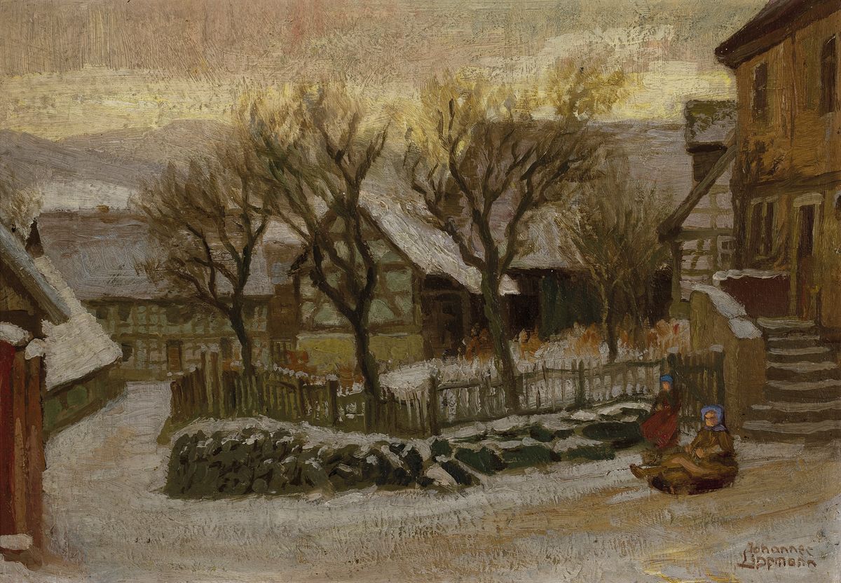 Johannes Lippmann, 1858 Offenbach-1935 Darmstadt, Lehre zum Lithographen, Studien am Städelschen Kunstinstitut, winterliche Dorflandschaft, zwei ...