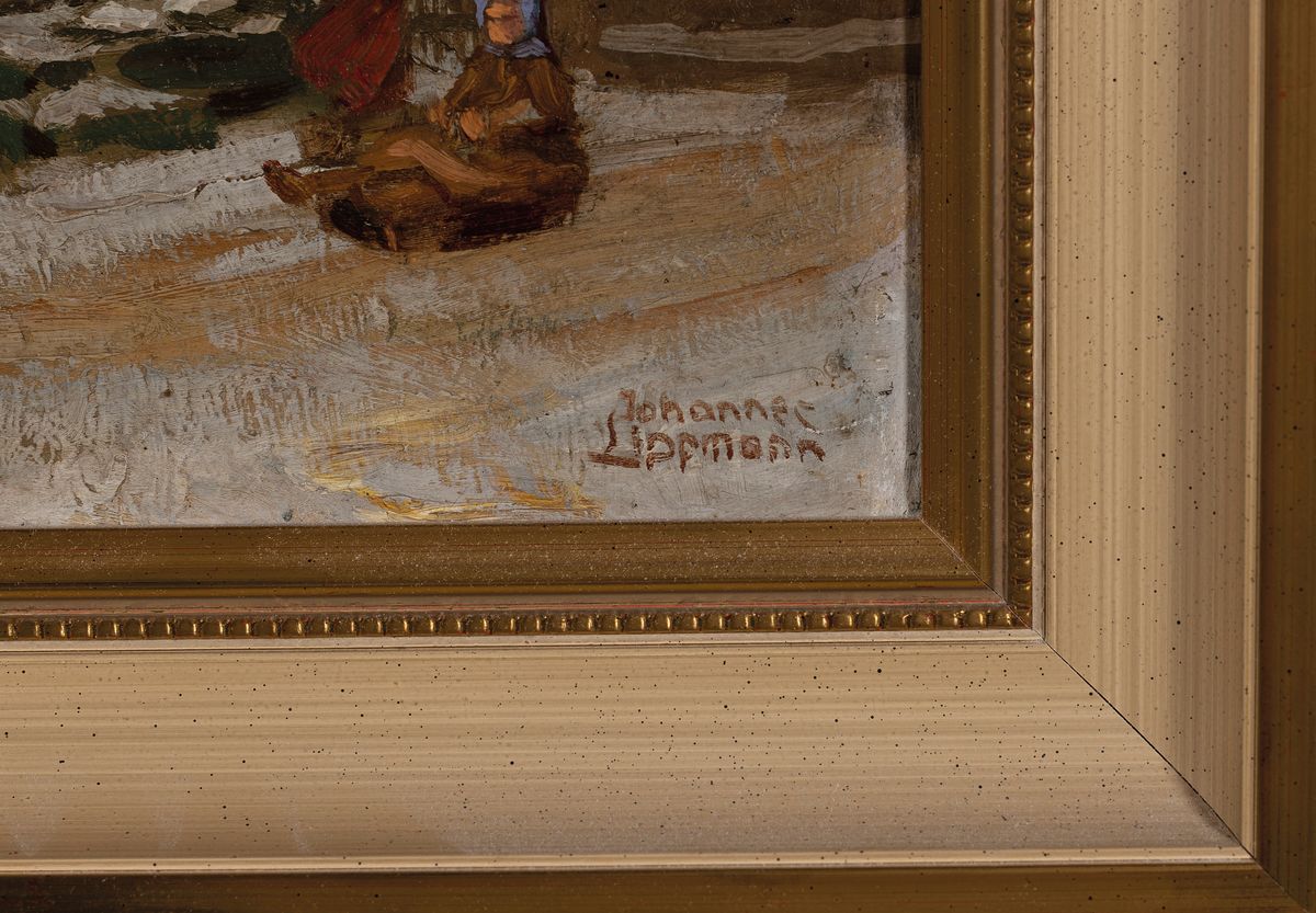 Detail a: Johannes Lippmann, 1858 Offenbach-1935 Darmstadt, Lehre zum Lithographen, Studien am Städelschen Kunstinstitut, winterliche Dorflandschaft, zwei ...