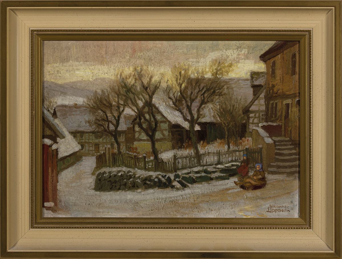 Detail k: Johannes Lippmann, 1858 Offenbach-1935 Darmstadt, Lehre zum Lithographen, Studien am Städelschen Kunstinstitut, winterliche Dorflandschaft, zwei ...