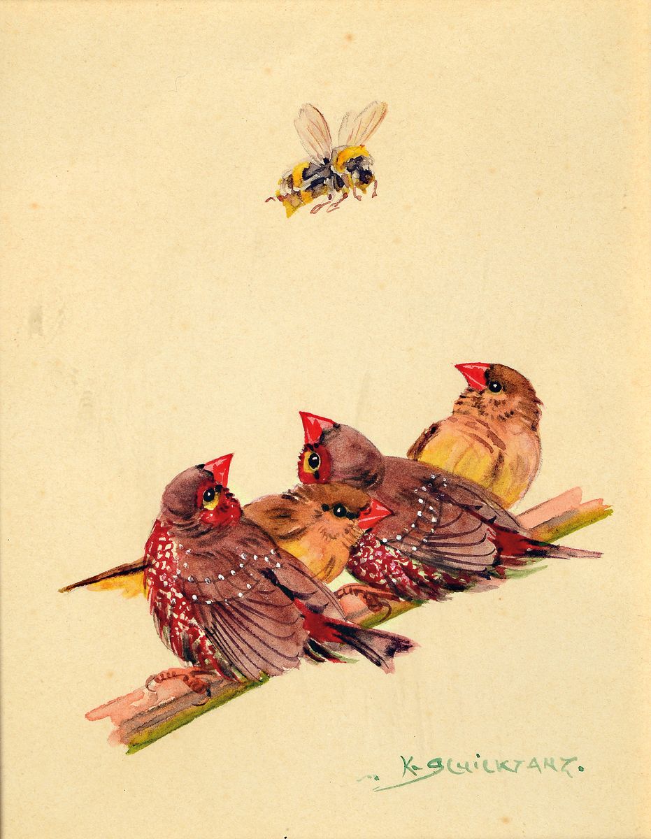 Detail a: Karl Schicktanz, 1858 Dresden-1920er-Jahre, Paar Aquarelle, Vogelmotive, Gimpel am Futternapf und vier Sperlinge und eine Hummel, je signiert, 1x ...