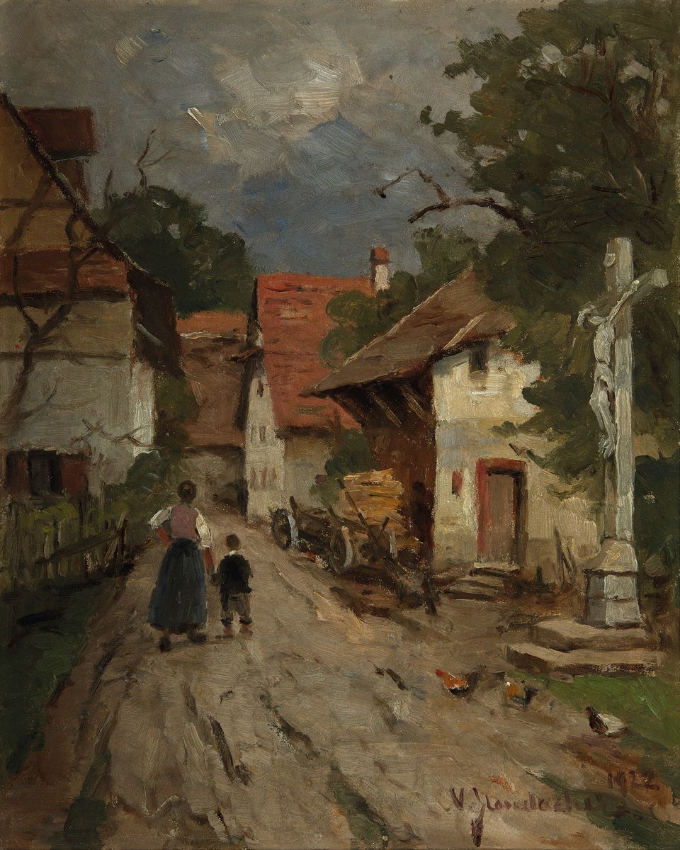 Vitus Staudacher, 1850 Gaimersheim-1925 Baden -Baden, Studium an der Akademie Karlsruhe, "Dorfgasse Haueneberstein" (Schwarzwald) so verso ...