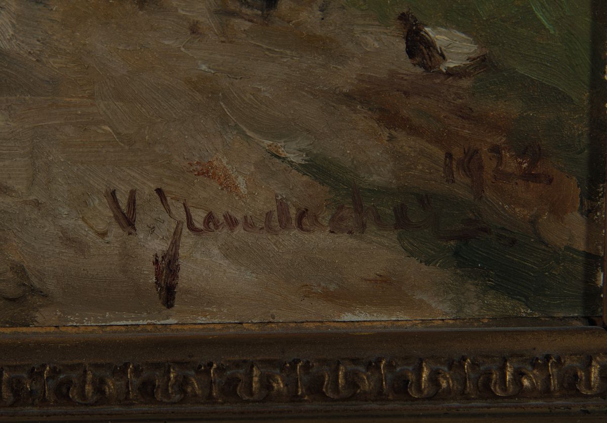Detail a: Vitus Staudacher, 1850 Gaimersheim-1925 Baden -Baden, Studium an der Akademie Karlsruhe, "Dorfgasse Haueneberstein" (Schwarzwald) so verso ...