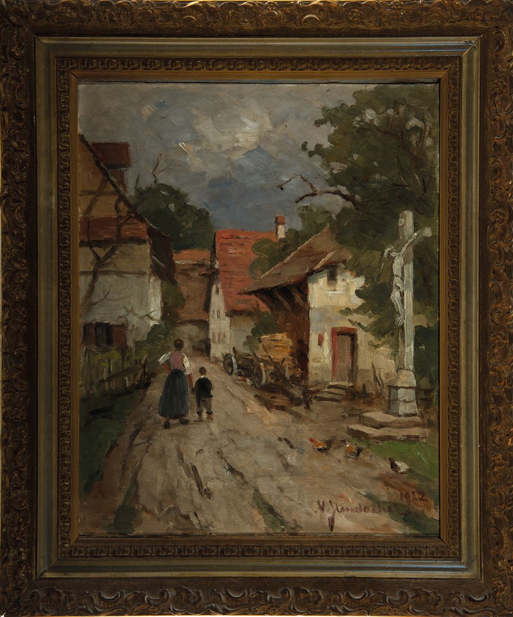 Detail k: Vitus Staudacher, 1850 Gaimersheim-1925 Baden -Baden, Studium an der Akademie Karlsruhe, "Dorfgasse Haueneberstein" (Schwarzwald) so verso ...