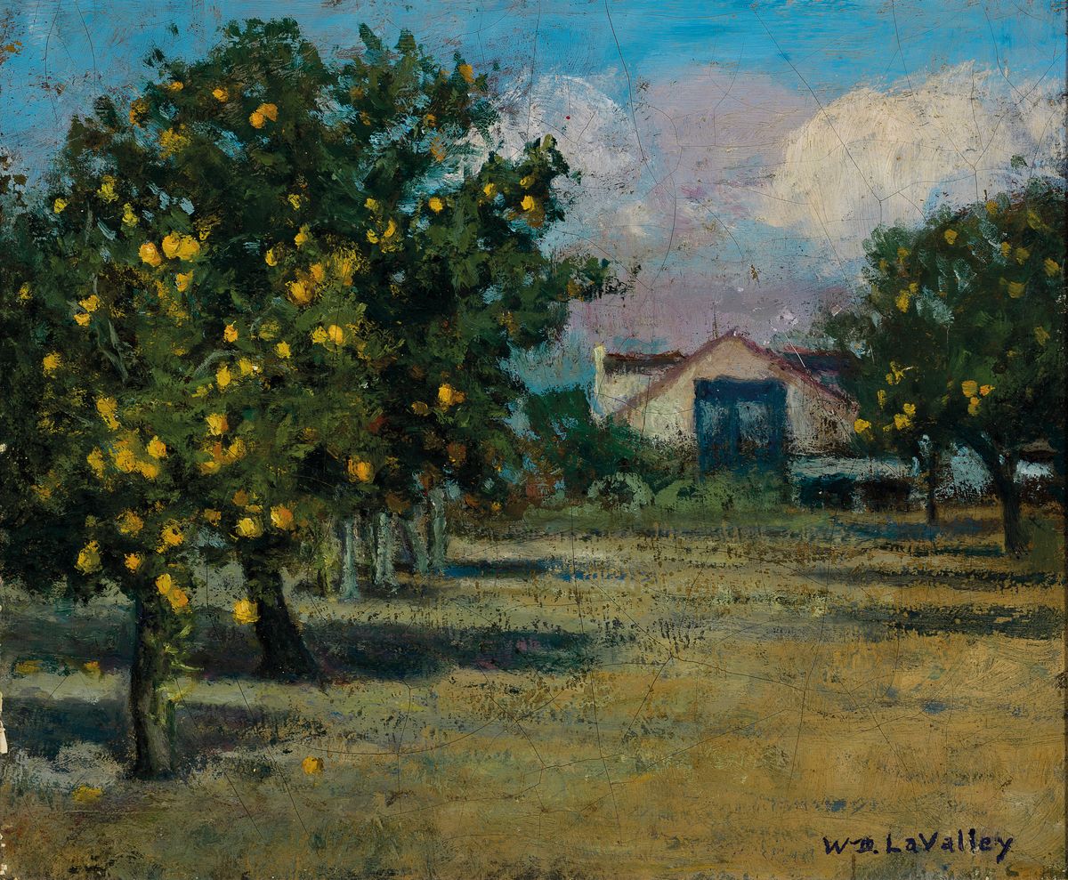 William LaValley (wohl), 1862 Rouses Point/New York-1943 Rutland/Vermont, studierter Kunstmaler, Obstplantage, Baumreihe reich behängt mit ...