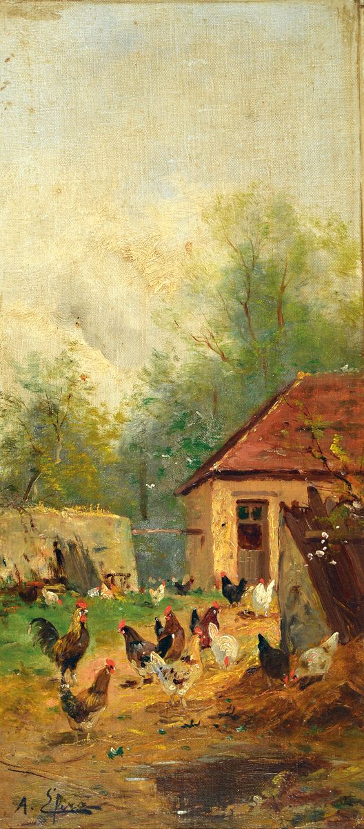 Ungedeuteter Künstler, Ende 19.Jh., Hühnerhof, links unten signiert, Öl/Lwd, rest., Rahmen 64x34 cm