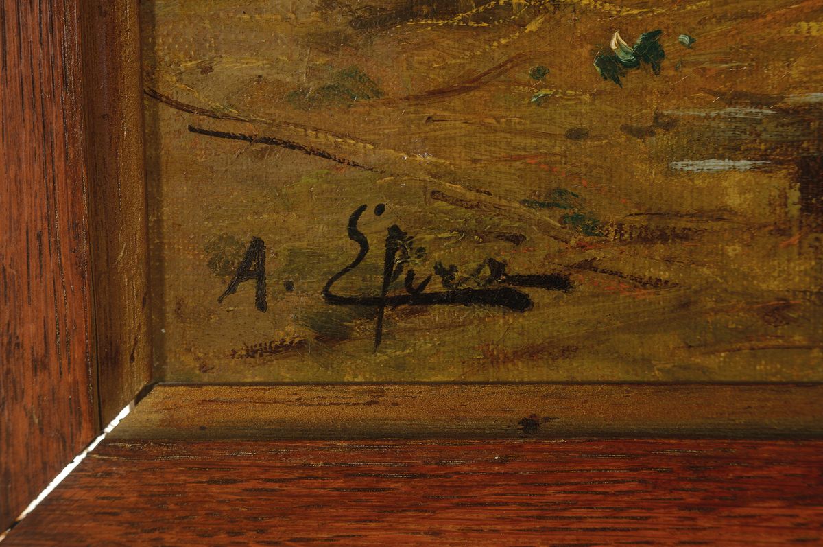 Detail a: Ungedeuteter Künstler, Ende 19.Jh., Hühnerhof, links unten signiert, Öl/Lwd, rest., Rahmen 64x34 cm