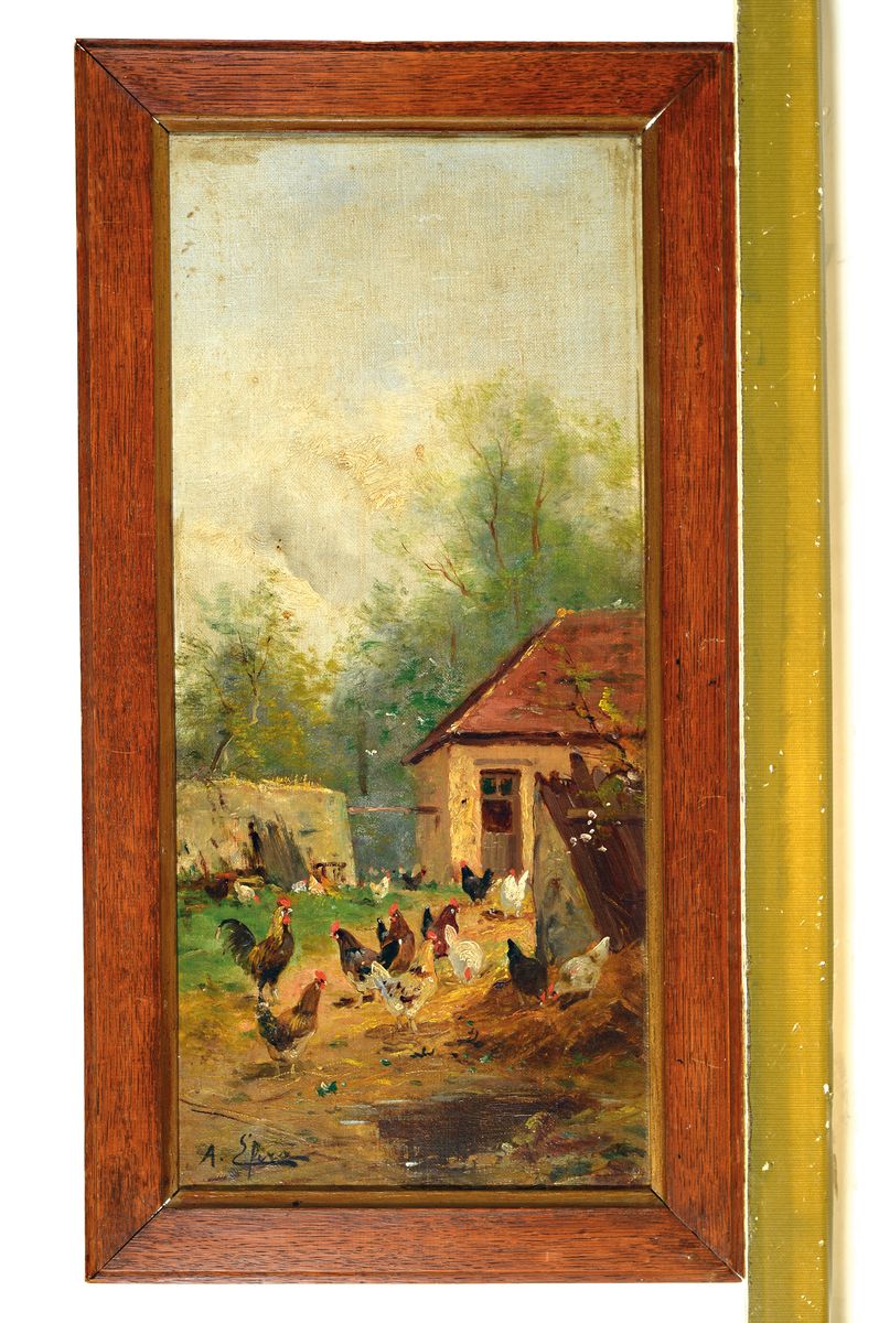 Detail k: Ungedeuteter Künstler, Ende 19.Jh., Hühnerhof, links unten signiert, Öl/Lwd, rest., Rahmen 64x34 cm