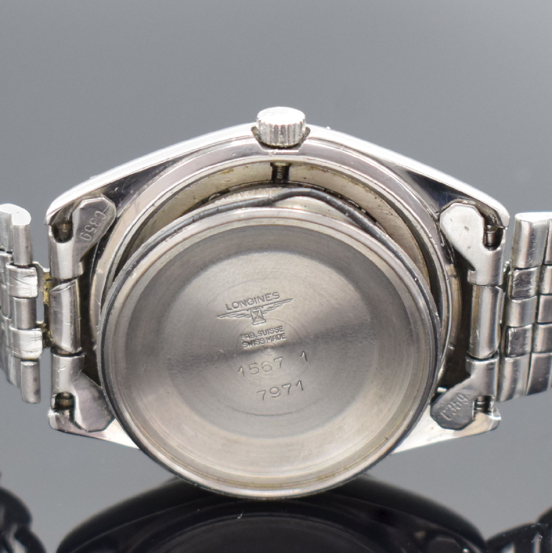 Detail g: LONGINES Conquest Herrenarmbanduhr in Stahl Referenz 7971, Schweiz um 1975, Automatik, Boden verschr., orig. Gliederband m. Faltschl., silb. ...