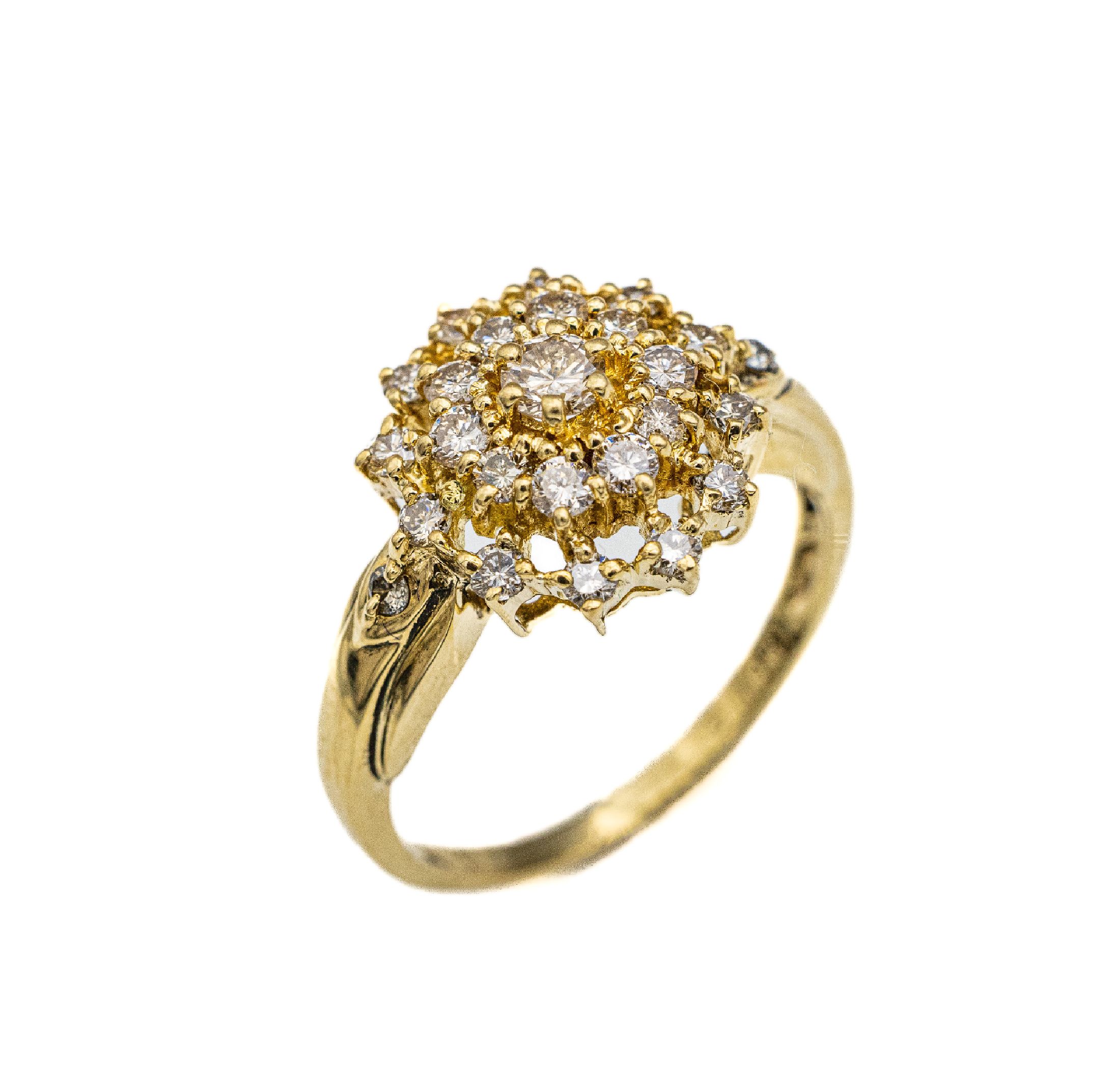 14 kt Gold Brillant-Ring, GG 585/000, 22 Brillanten zus. ca. 1.00 ct (grav.) feines Weiß-get.-Braun/p1, total ca. 5.3 g, RW 59