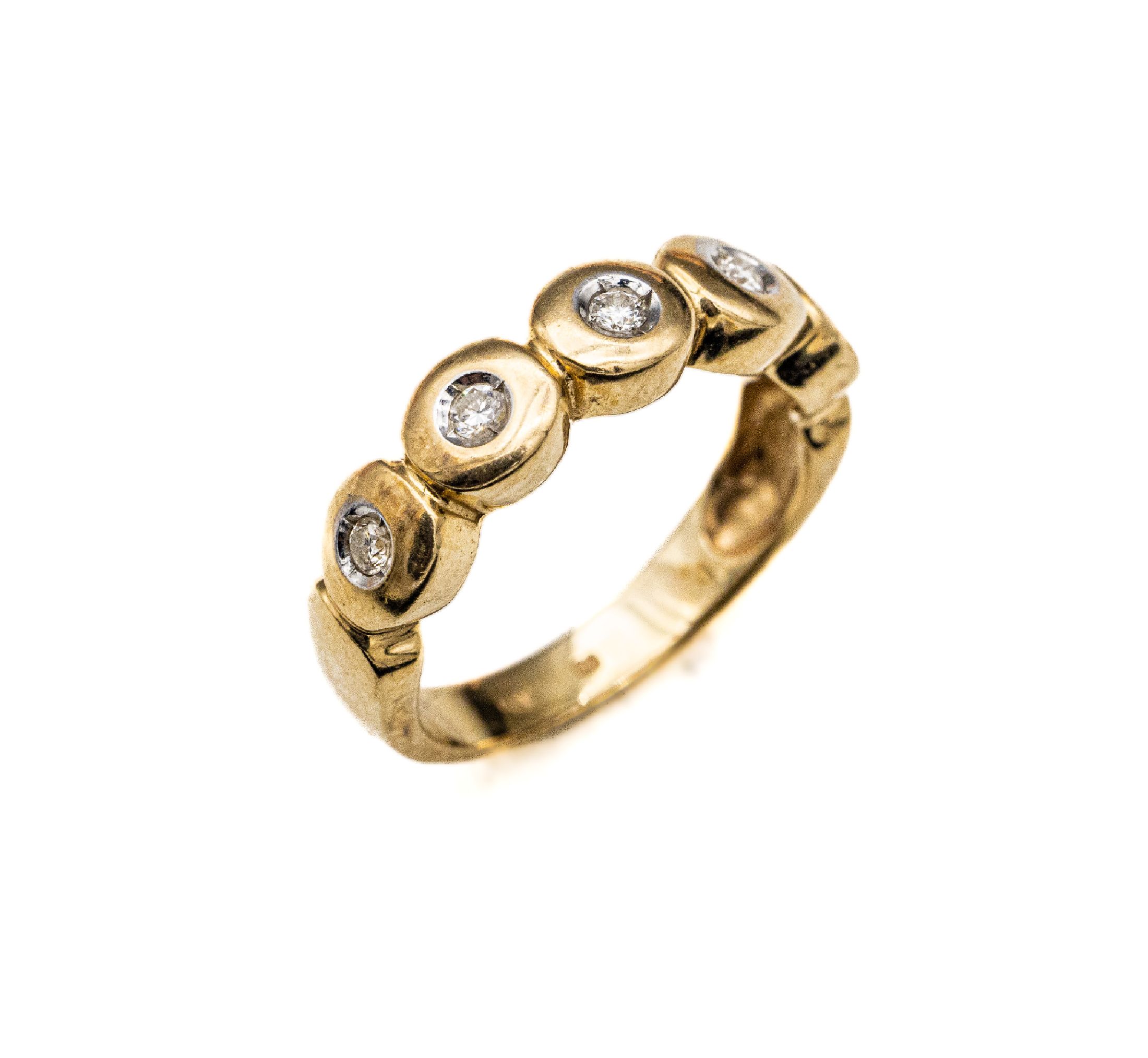 14 kt Gold Brillant-Halbmemoryring, GG 585/000, 5 Brillanten zus. ca. 0.15 ct Weiß/si, RW 52, ca. 4.1 g