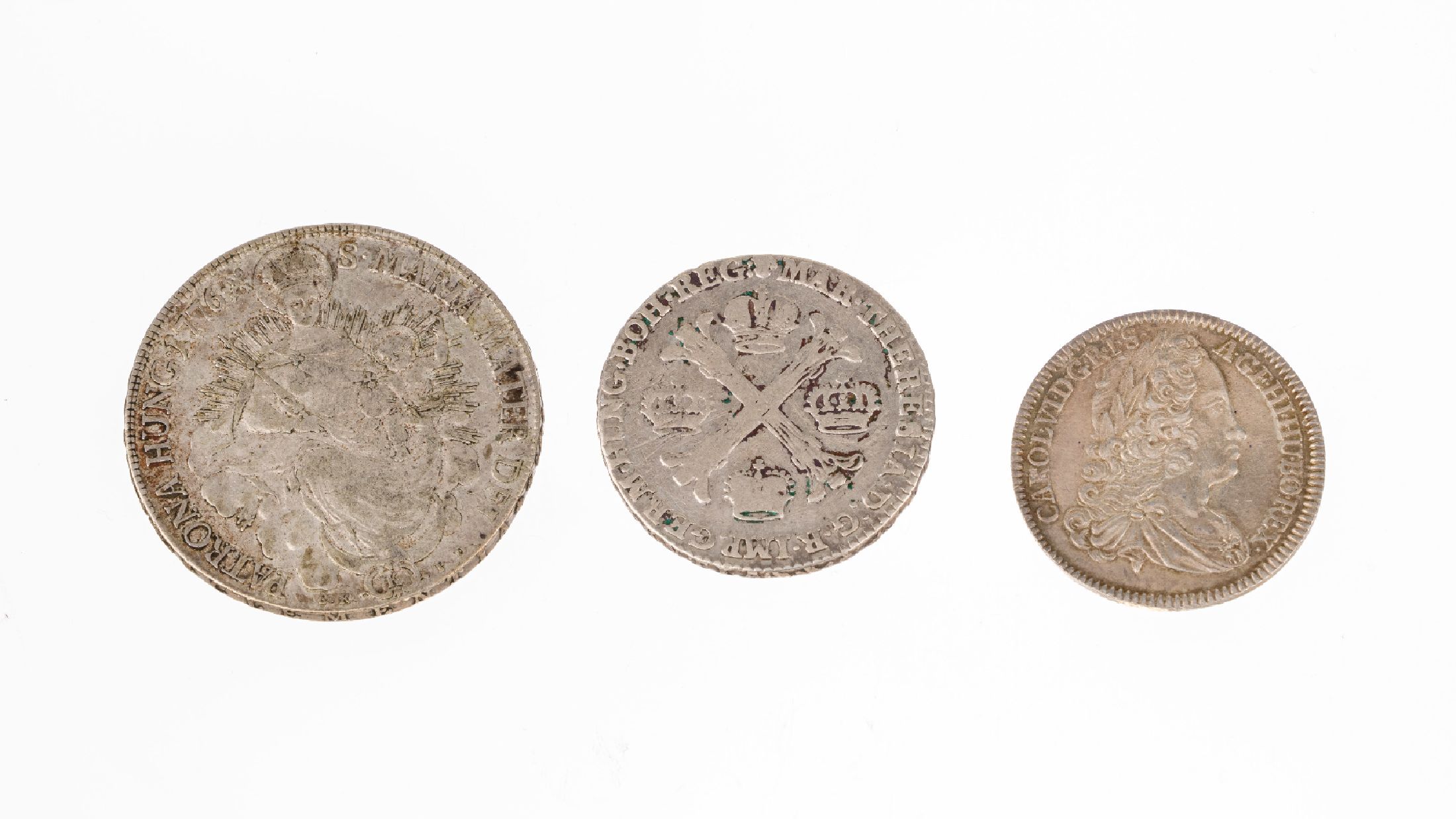 Detail a: Konvolut 3 Silbermünzen, best. aus: 1 x 1/4Taler, Habsburgische Erblande, 1740, Karl VI.,1 x 1/2 Kronentaler, Niederlande, 1765, Maria Theresia, 1 ...