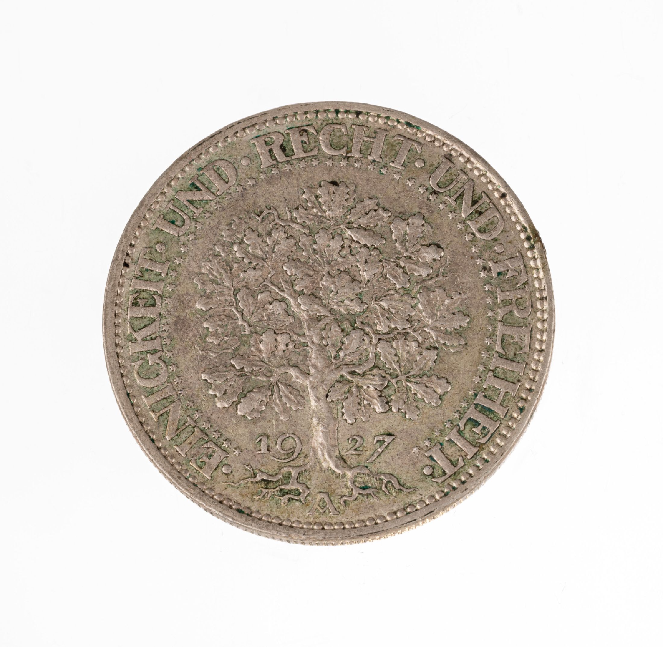 Detail a: Silbermünze, 5 Mark, Deutsches Reich, 1927, Weimar, Eichbaum, Einigkeit und Recht und Freiheit, Prägemarke A