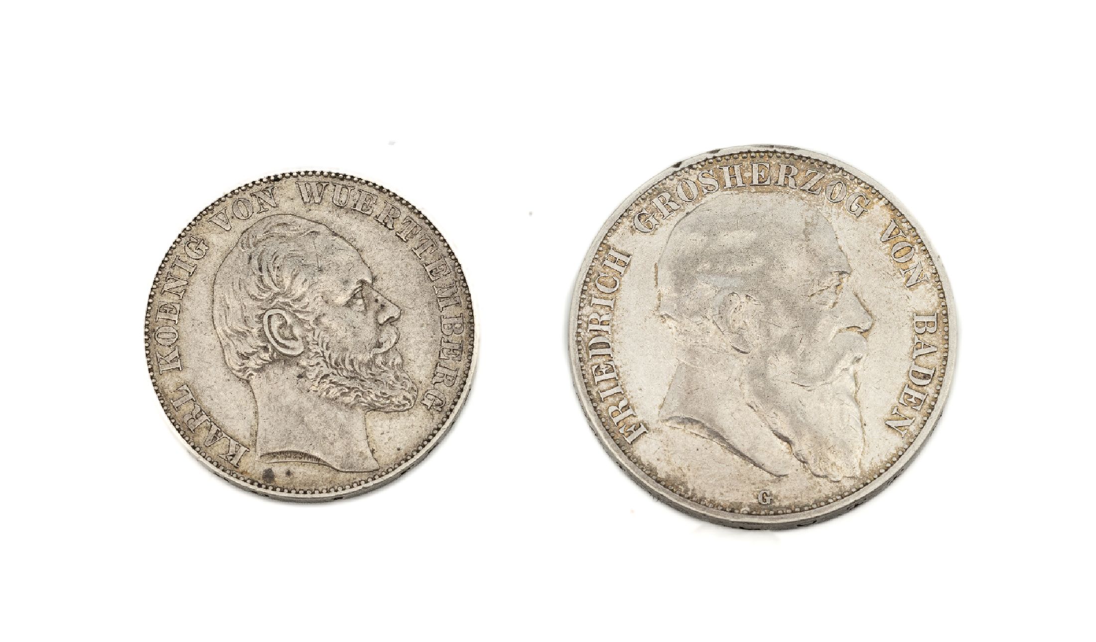 Konvolut 2 Silbermünzen, Deutschland, best. aus: 1 x 5 Mark, 1904, Friedrich Großherzog von Baden, 1 x 1 Siegestaler, 1870/71, Karl König von ...