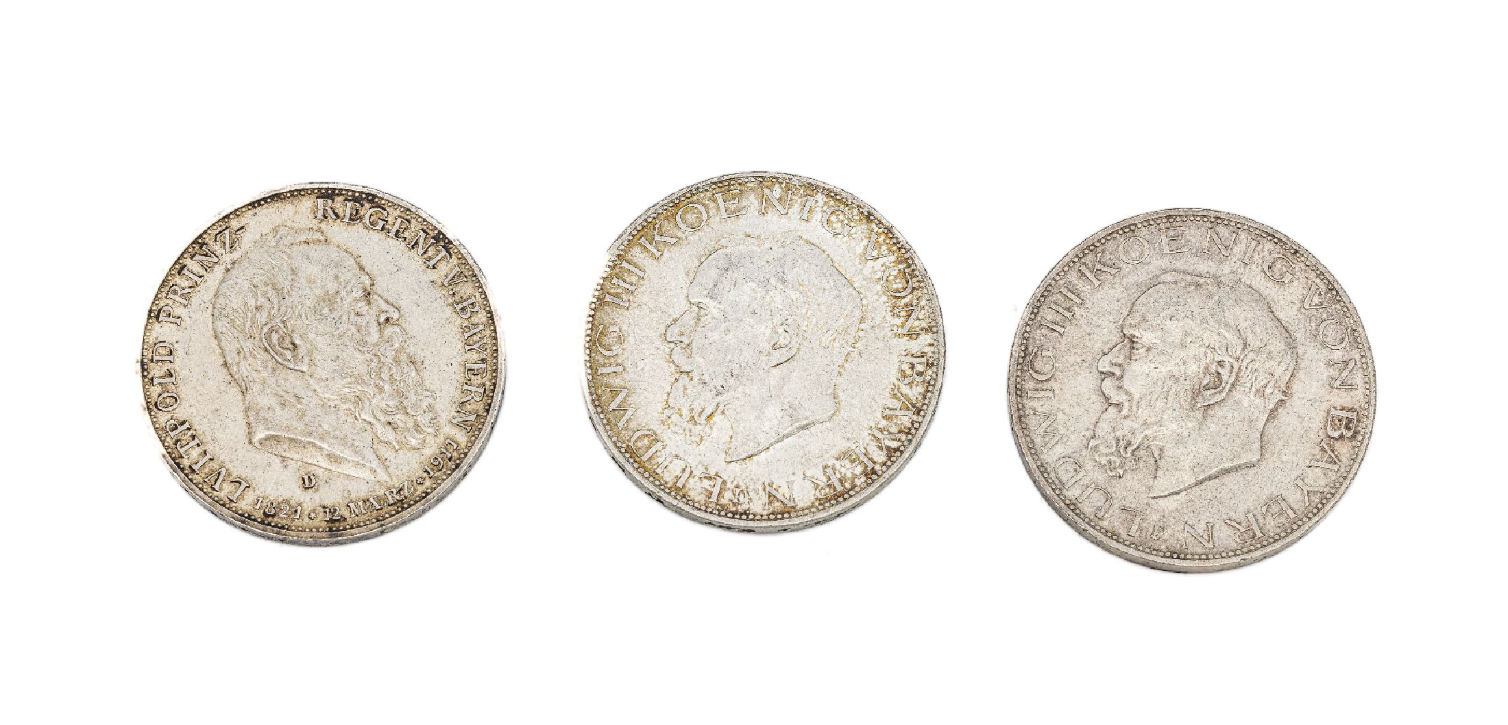 Konvolut 3 Silbermünzen, Bayern, best. aus:2 x 5 Mark, 1914, Ludwig III. König von Bayern, 1 x 5 Mark, 1911, Luitpold Prinzregent von Bayern, ...