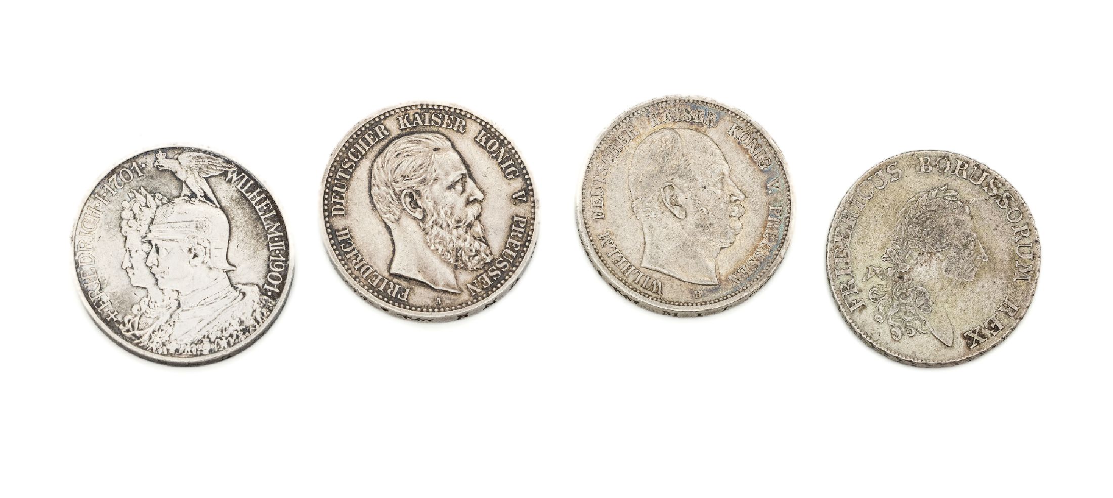 Konvolut 4 Silbermünzen, Preussen, best. aus: 1 x 5 Mark, 1901, Friedrich I., 1701, Wilhelm II., 1901, 1 x 5 Mark, 1888, Friedrichdeutscher Kaiser ...