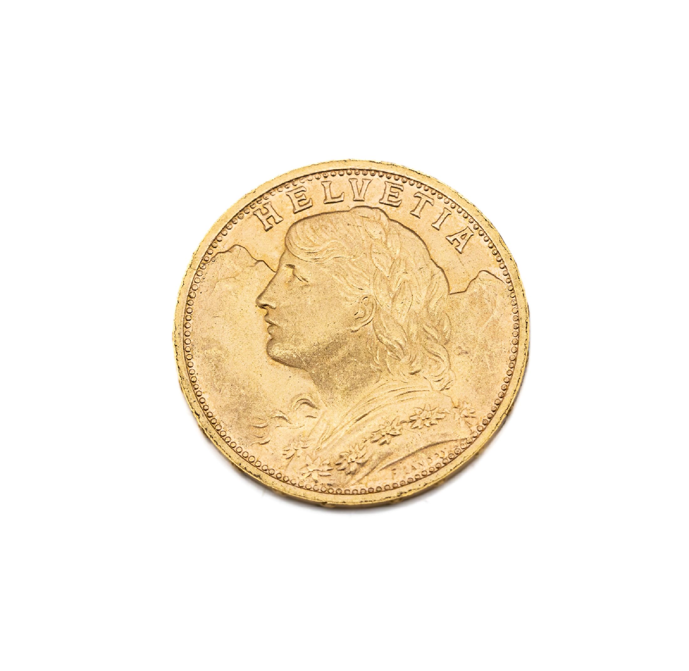 Goldmünze, 20 Franken, Schweiz, 1935, sogn.Vreneli, Helvetia, Prägemarke B