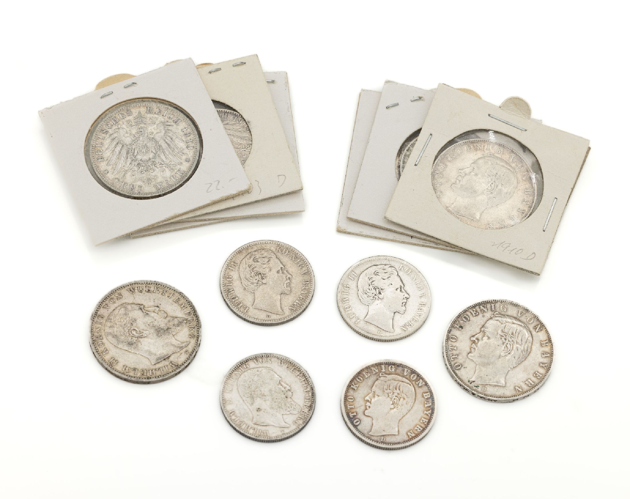 Konvolut 13 Silbermünzen, Deutsches Reich, best. aus: 5 x 3 Mark, 1909, 1910 und 1912, sowie 2 x 2 Mark, 1899 und 1903, Otto König von Bayern, 1 x ...