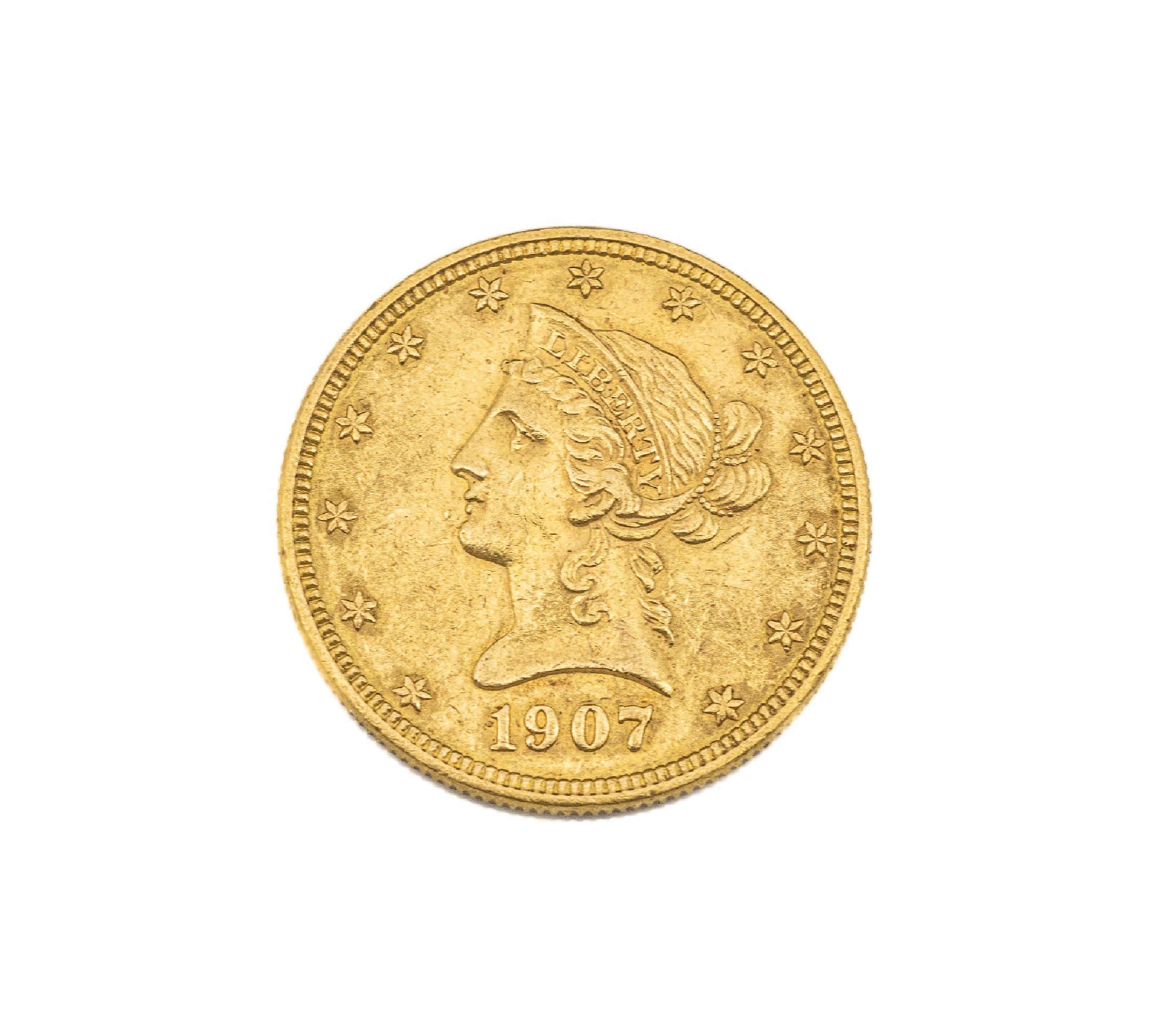 Goldmünze, 10 Dollars, USA, 1907, Lady Liberty, RV: Seeadler mit Pfeilen und Olivenzweigen