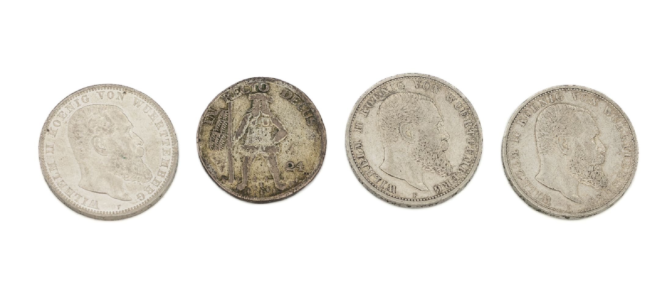 Konvolut 4 Silbermünzen, Deutsches Reich, best. aus: 3 x 5 Mark, 1903, 1904 und 1913, Wilhelm II. König von Württemberg, 1 x 24 Mariengroschen, ...