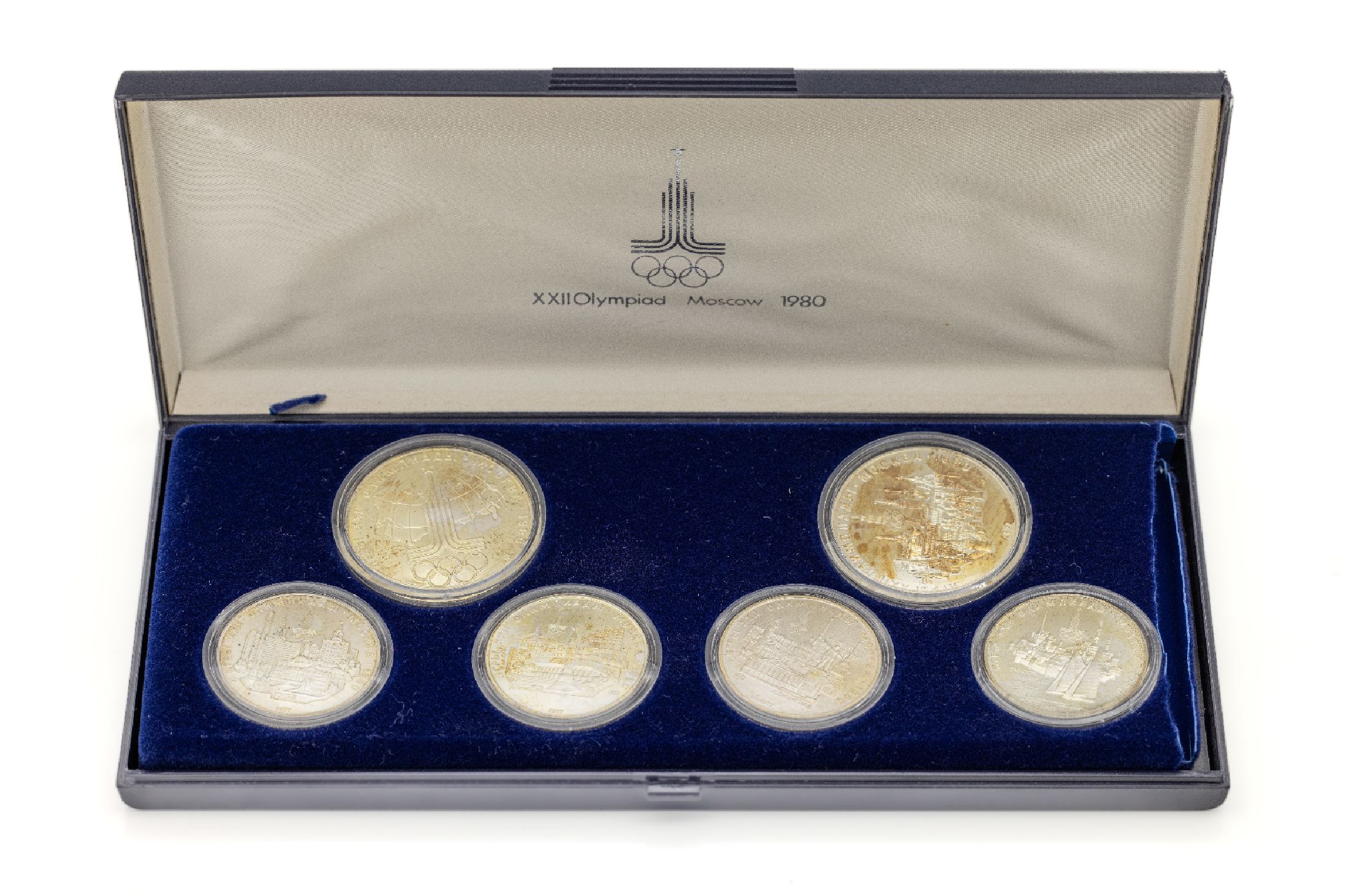 Set Silbermünzen "Olympiade in Moskau 1980", 40 Rubel, 1977, Silber 900/000, best. aus: 2 x 10 Rubel und 4 x 5 Rubel, in Münzkapseln, im ...