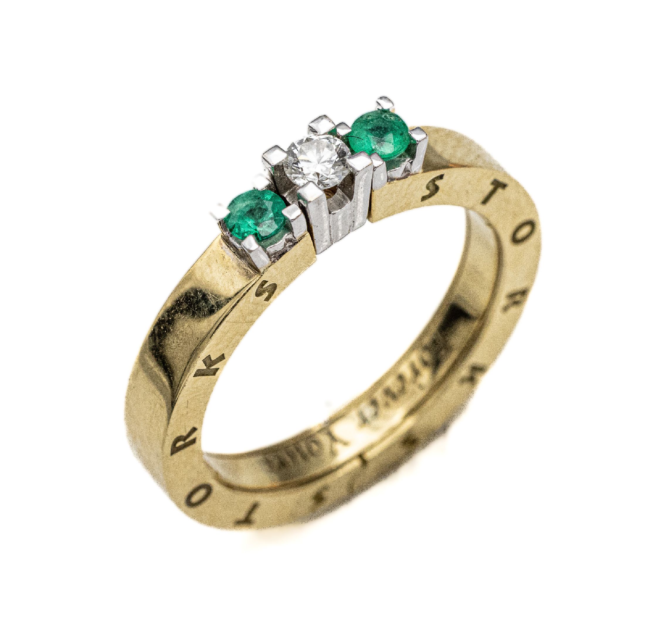 Detail a: 2-teiliger 18 kt Gold Smaragd-Brillant-Ring, sign. STORKS, GG/WG 750/000, 2 Smaragde rundfacett. zus. ca. 0.10 ct, 11 Brillanten zus. ca. 0.20 ct ...