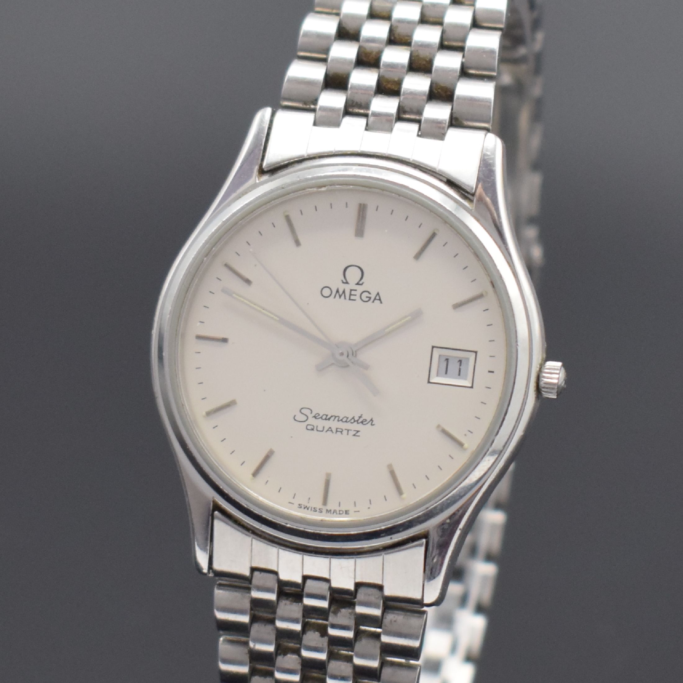 Detail a: OMEGA Herrenarmbanduhr Seamaster BREST Referenz ST 196.0251, Schweiz um 1982, quarz, Edelstahlgeh. inkl. orig. Gliederband m. Faltschl., Boden mit ...