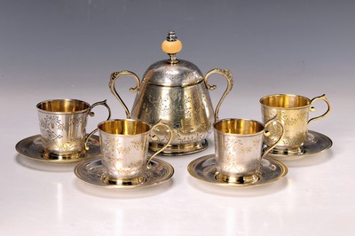 Image 4 cups with saucers, a sugar bowl, German, around 1850, silver-plated metal, finely ...