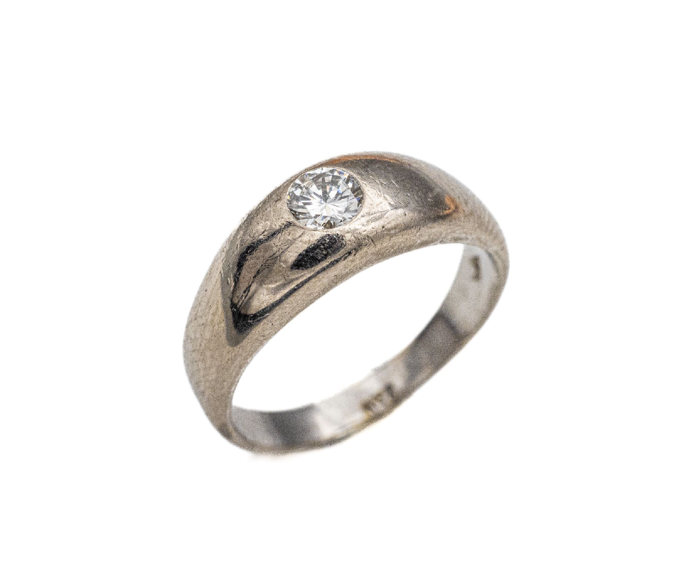 18 kt Gold Brillant-Bandring, WG 750/000, mittig ein Brillant ca. 0.25 ct feines Weiß/si, RW 57, ca. 6.6 g
