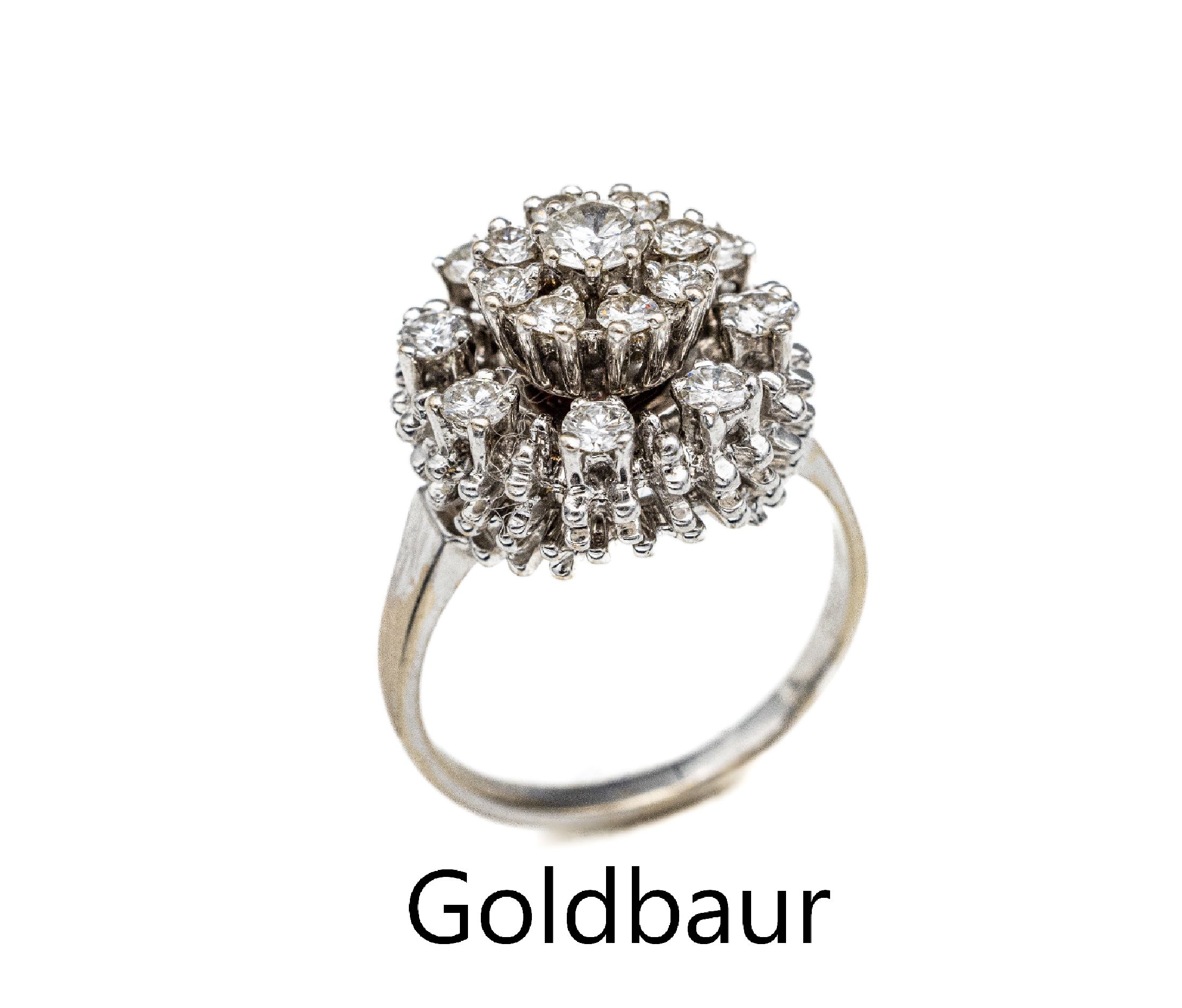 Ausgefallener 18 kt Gold Brillant-Ring, Meistermarke GOLDBAUR, WG 750/000, 17 Brillanten zus. ca. 1.05 ct feines Weiß -Weiß/si, untere Ebene ...