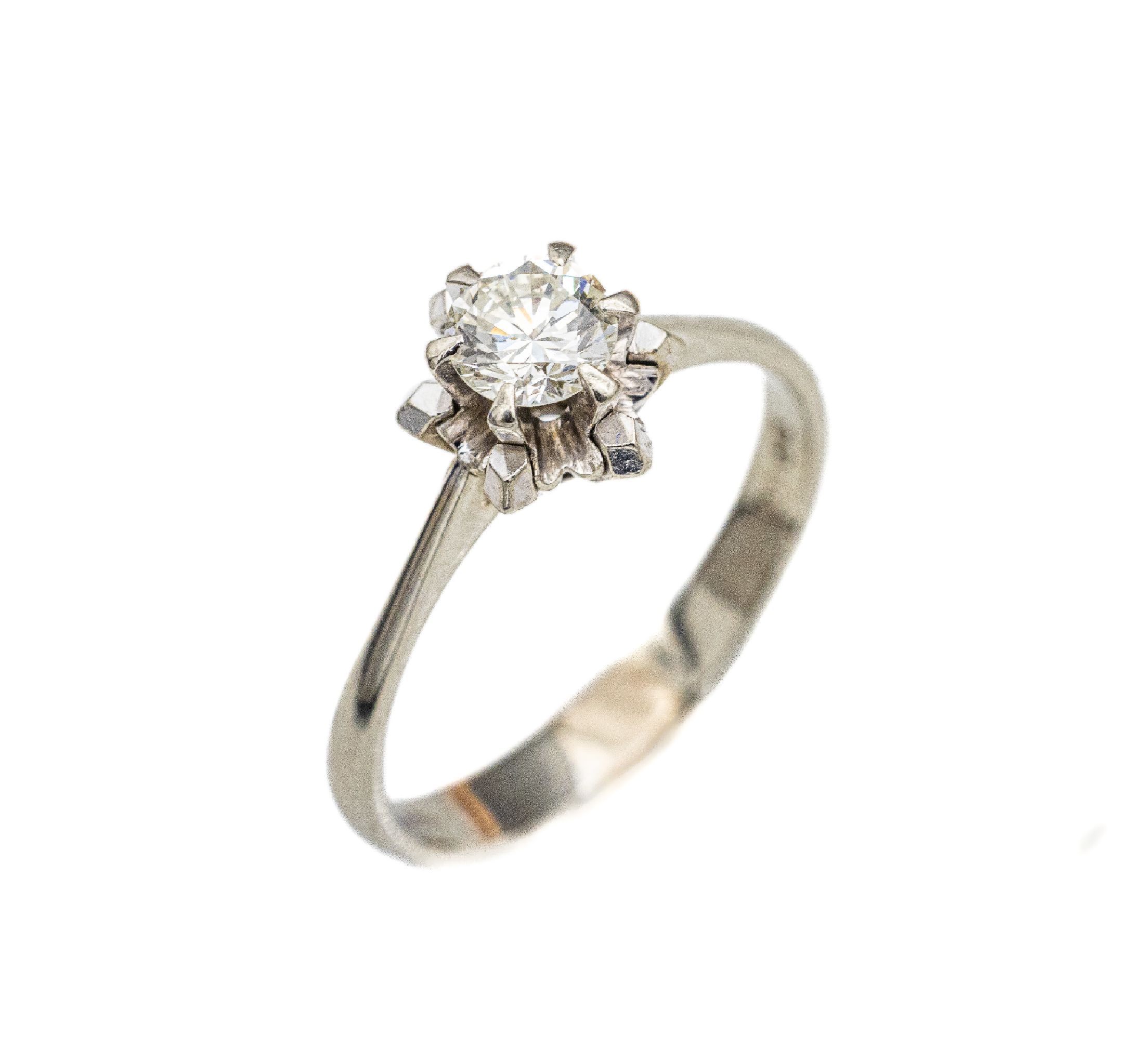 14 kt Gold Brillant-Ring, WG 585/000, Brillant ca. 0.50 ct l.get.Weiß/si, total ca. 3.3 g, RW 58
