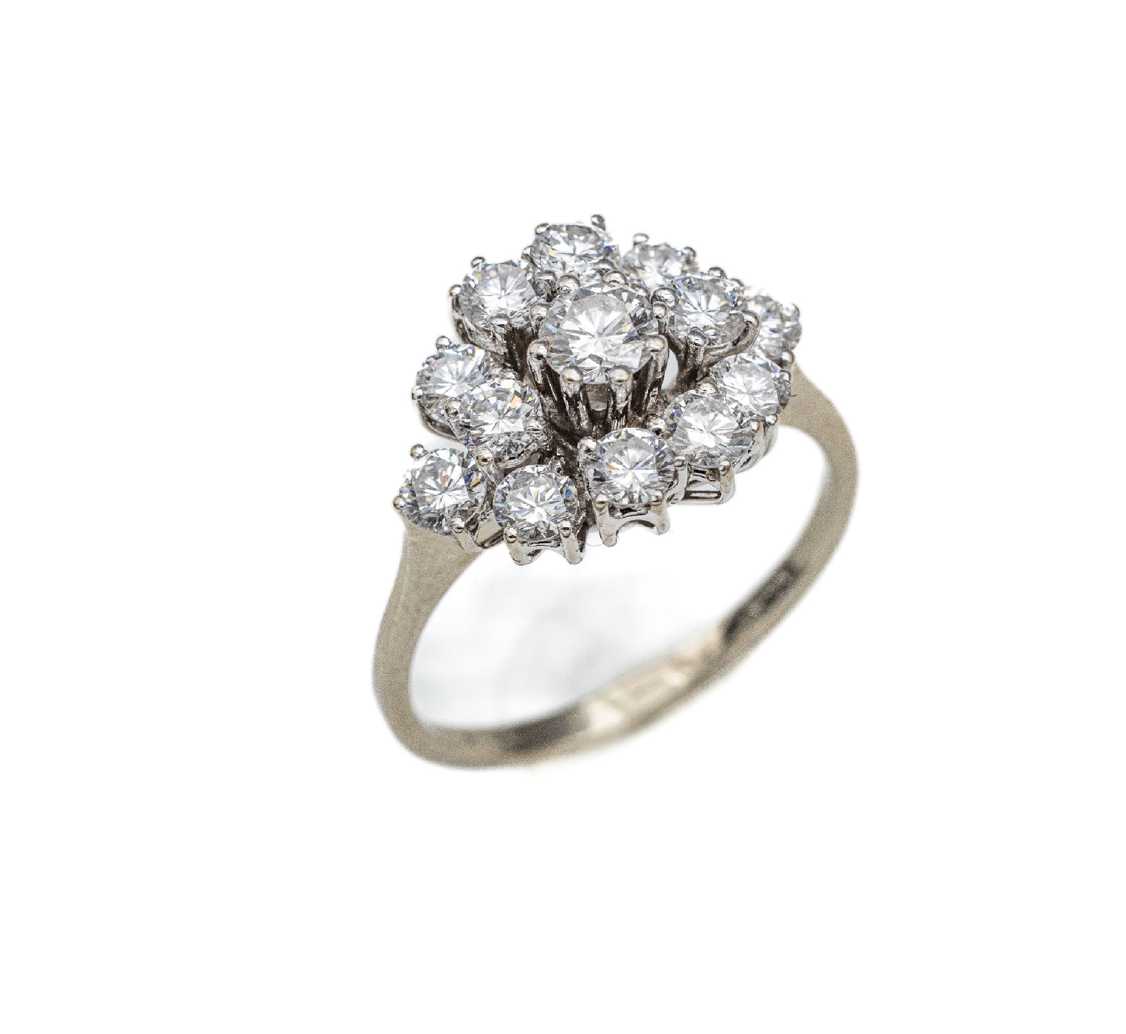 14 kt Gold Brillant-Ring, WG 585/000, 13 Brillanten zus. ca. 1.60 ct feines Weiß/vs, total ca. 3.9 g, RW 56.5