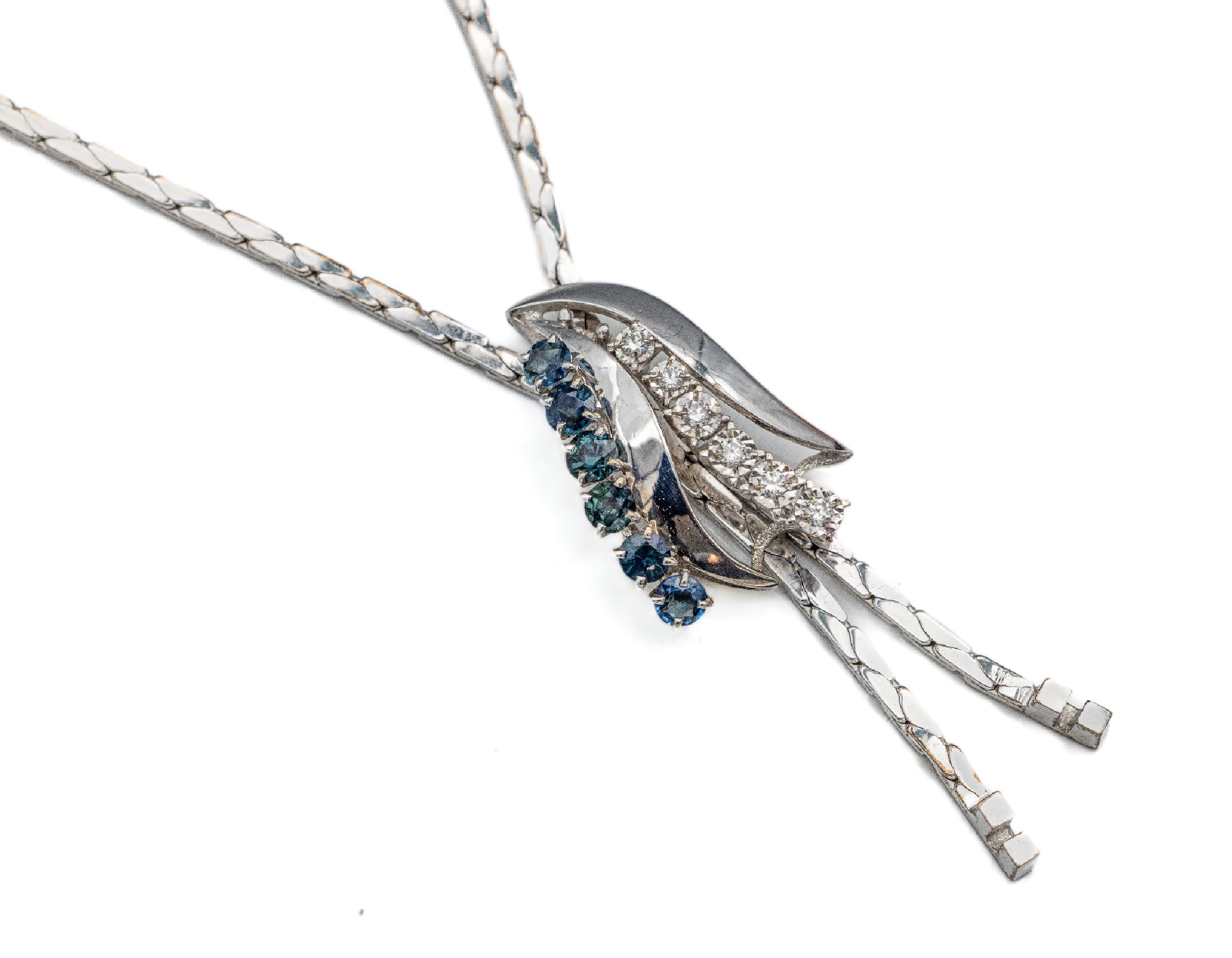 14 kt Gold Saphir-Brillant-Collier, GG 585/000, 6 rundfacett. Saphire zus. ca. 0.38 ct, 6 Brillanten zus. ca. 0.12 ct Weiß/vs, total ca. 18.8 g, L. ...