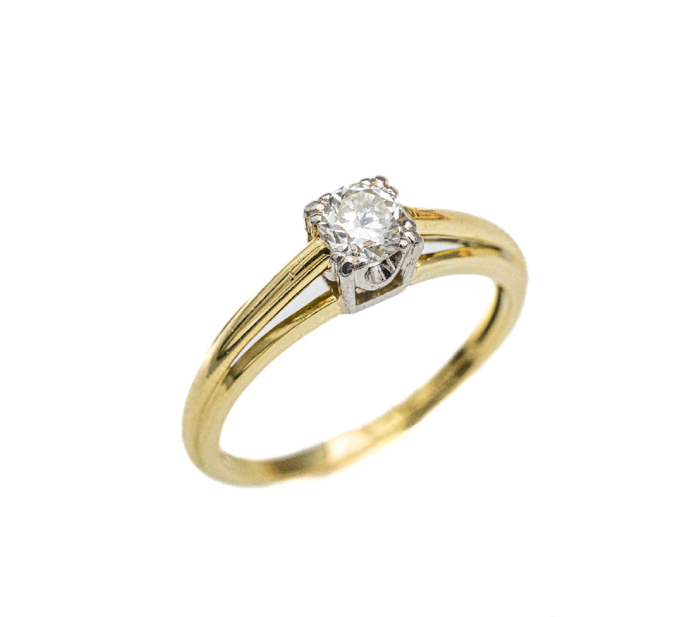 14 kt Gold Diamant-Ring, GG/WG 585/000, Altschliff-Diamant ca. 0.50 ct Weiß/vs, total ca. 4.0 g, RW 60