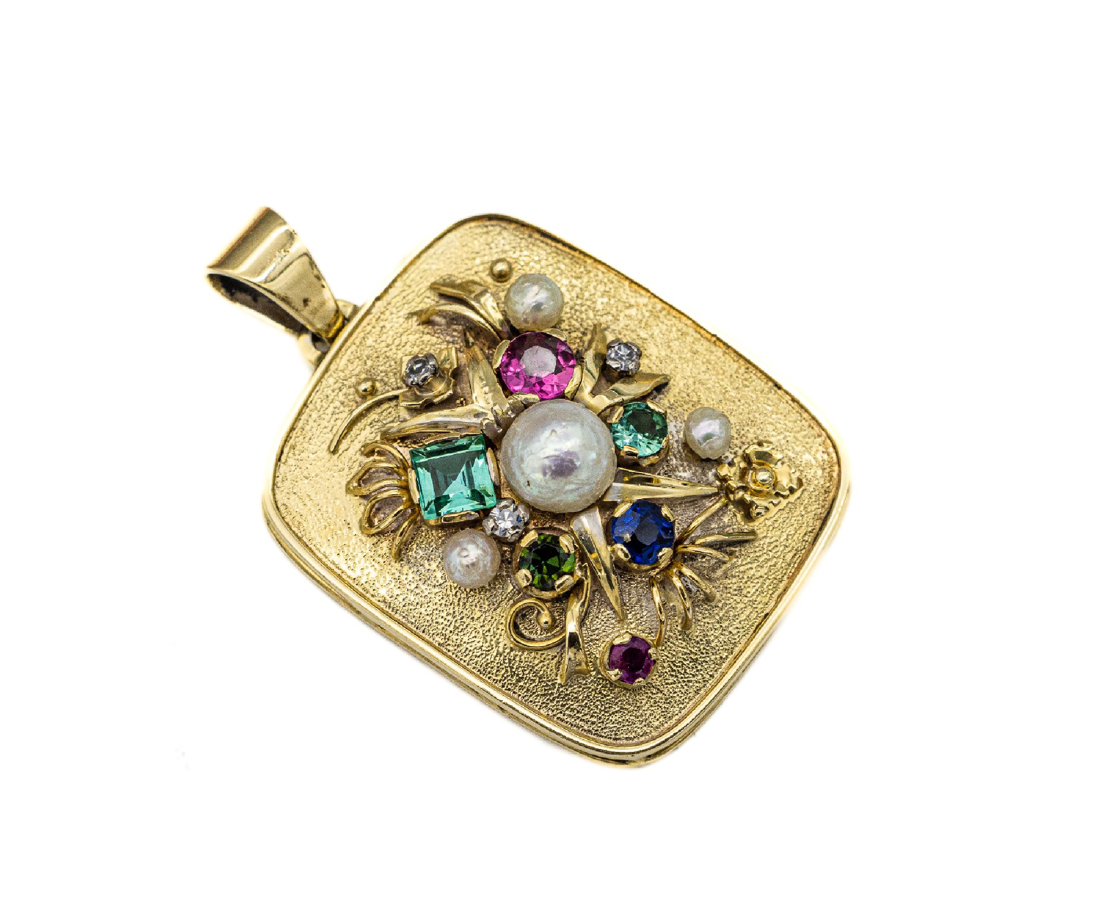 14 kt Gold Farbstein-Zuchtperl-Diamant -Anhänger, GG 585/000, florale Gestaltung, 4 Zuchtperlen, 3 kleine Diamanten, Farbsteine u. a. Turmalin, ...