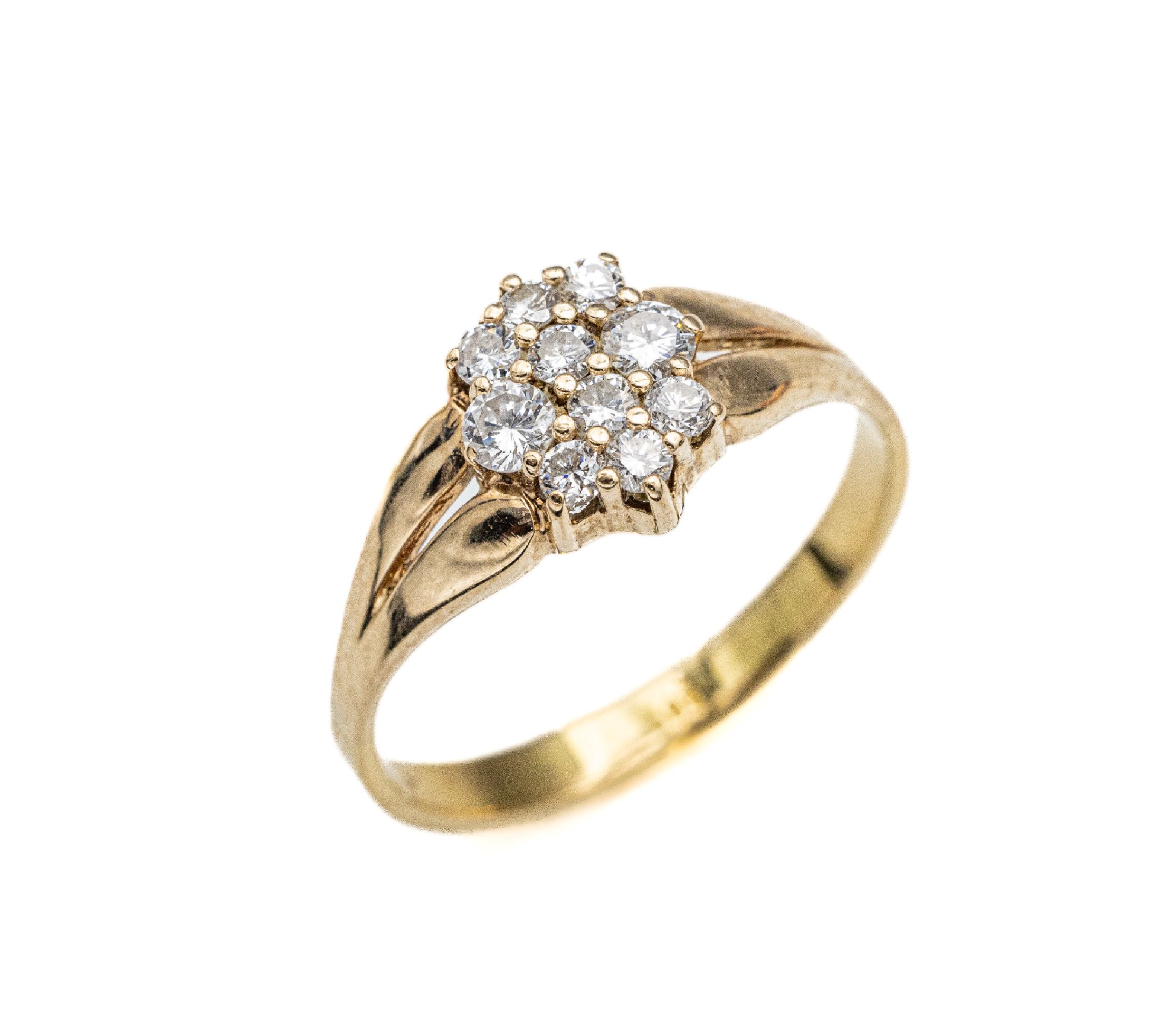 14 kt Gold Brillant-Ring, GG 585/000, 10 Brillanten zus. ca. 0.50 ct (grav.) Weiß/si, total ca. 3.4 g, RW 62
