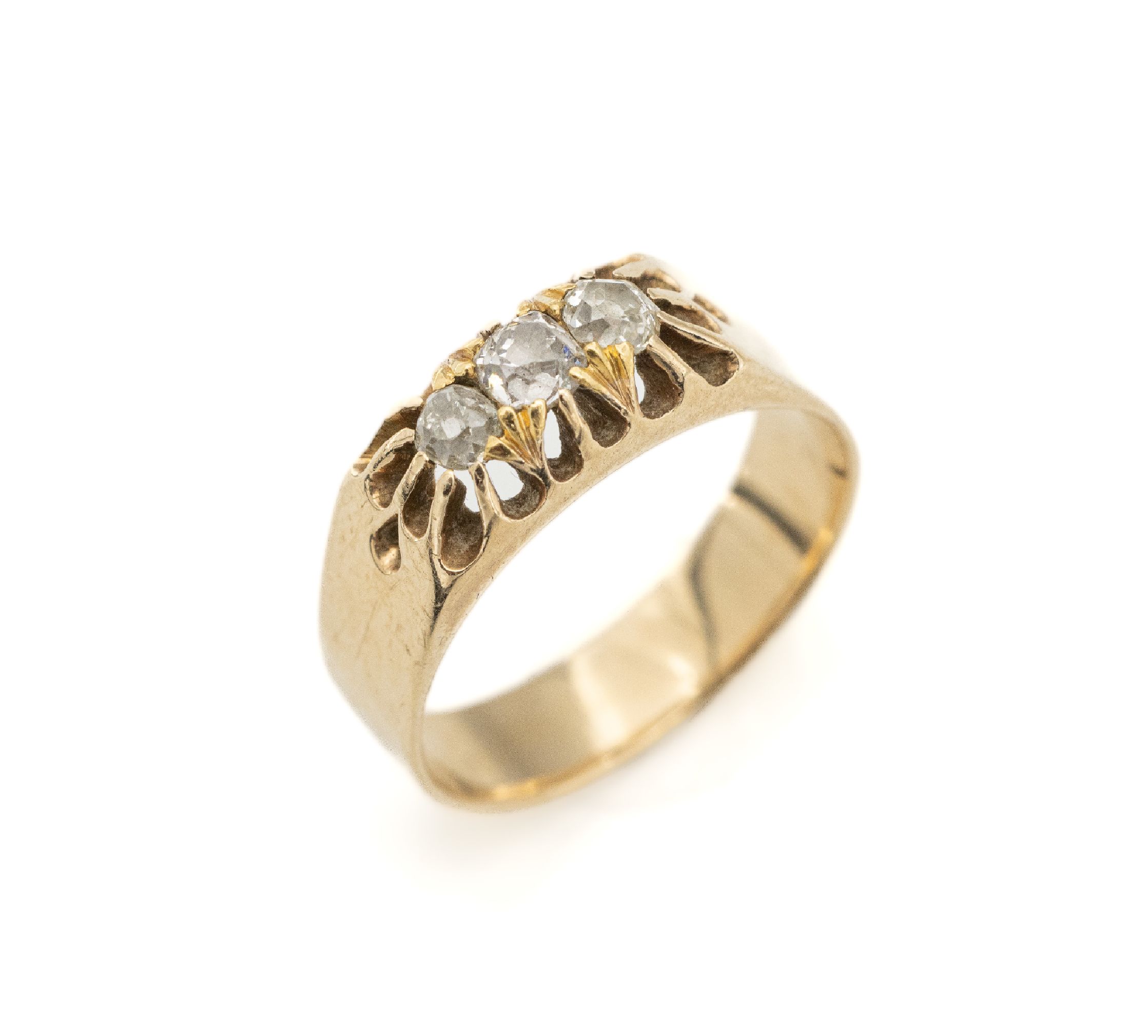 14 kt Gold Diamant-Ring, GG 585/000 gepr., 3 Altschliff-Diamanten zus. ca. 0.30 ct l.get.Weiß/p 1, total ca. 4.6 g, RW 55