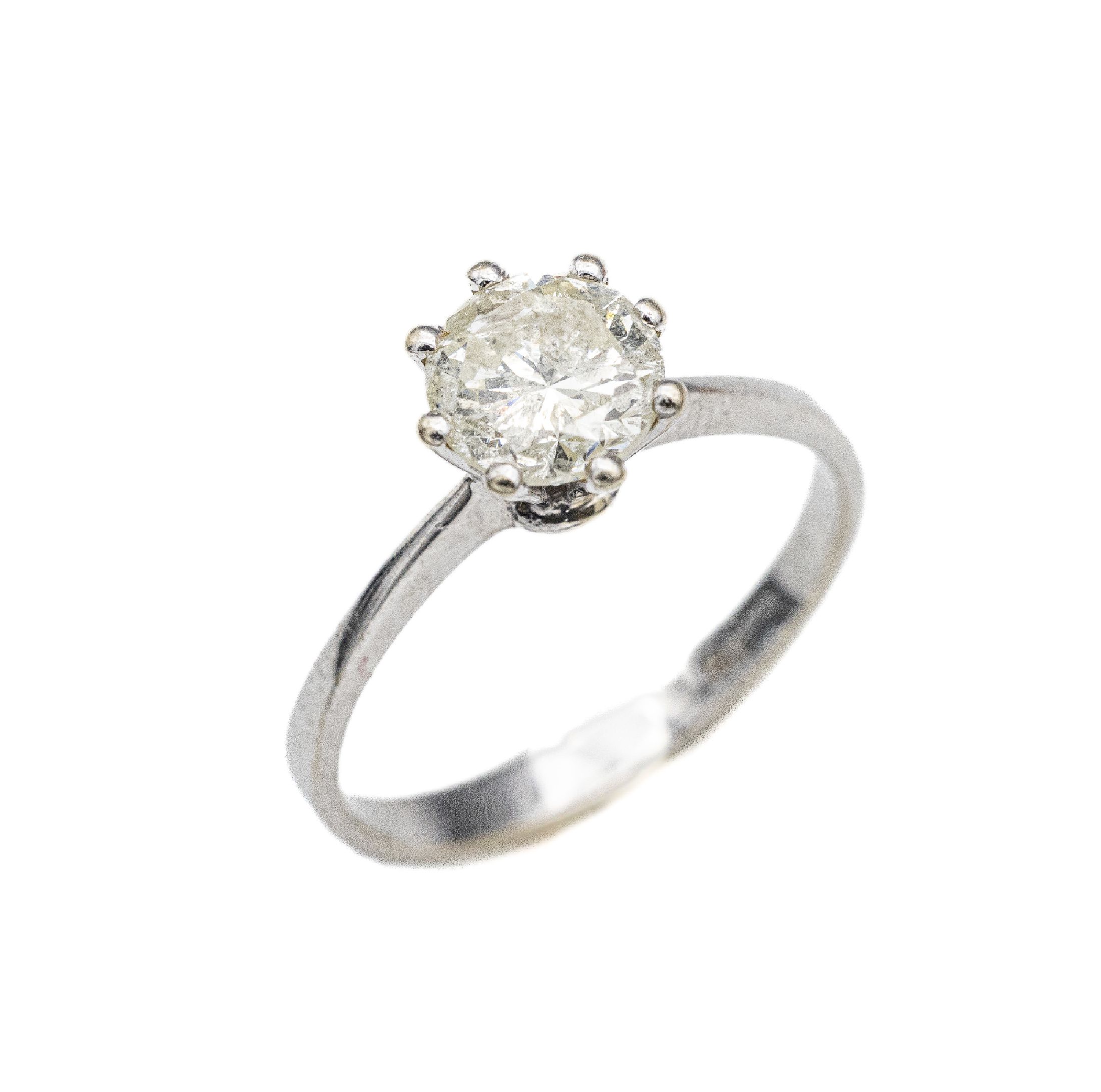 18 kt Gold Solitär-Ring, WG 750/000, Brillant in Krappenfassung ca. 1.0 ct get.Weiß/p 2, RW 54.5, total ca. 2.5 g