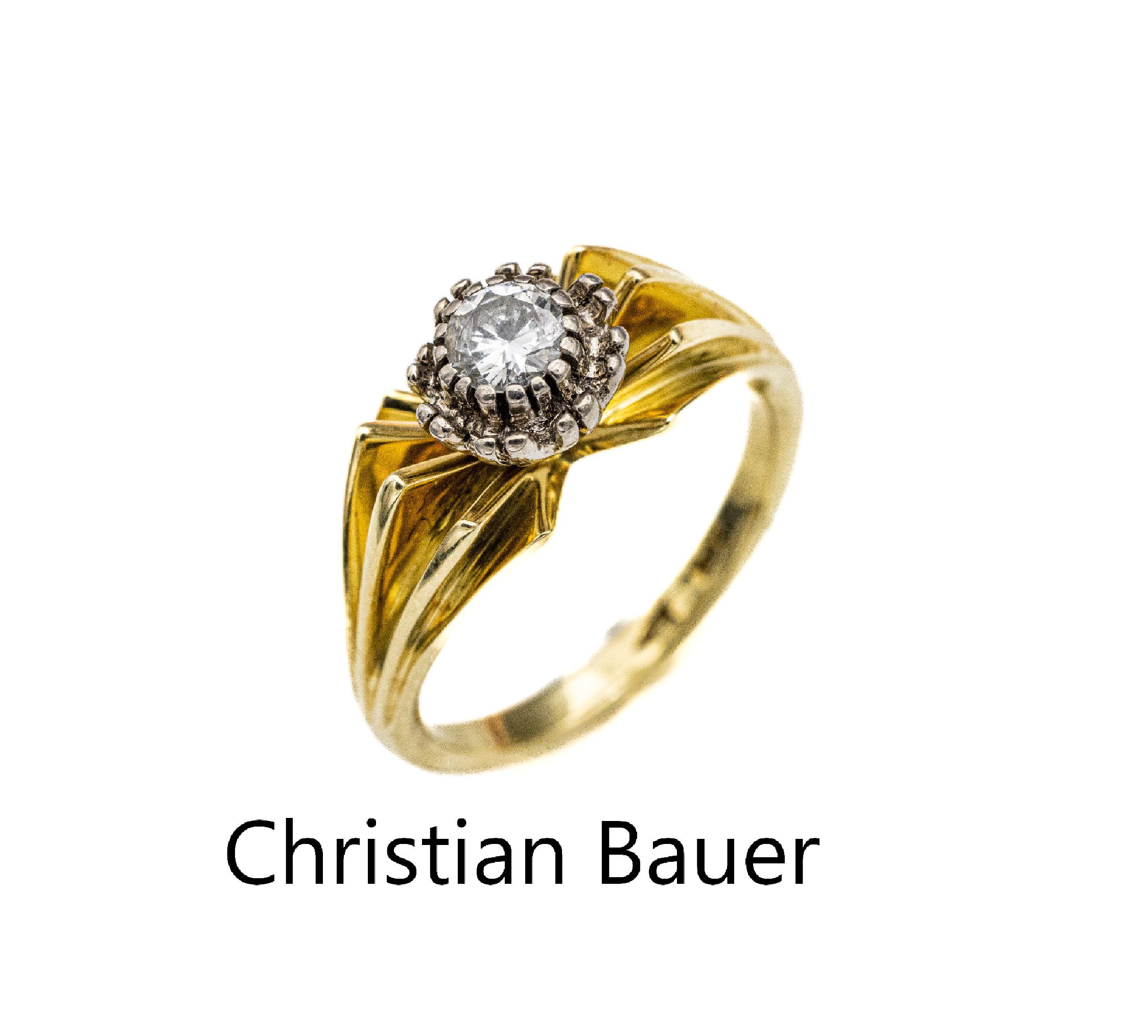 14 kt Gold Brillant-Ring, GG/WG 585/000, Meistermarke CHRISTIAN BAUER, blütenförmiger Ringkopf bes. mit Brillant ca. 0.25 ct Weiß/p 1, RW 51.5, ...