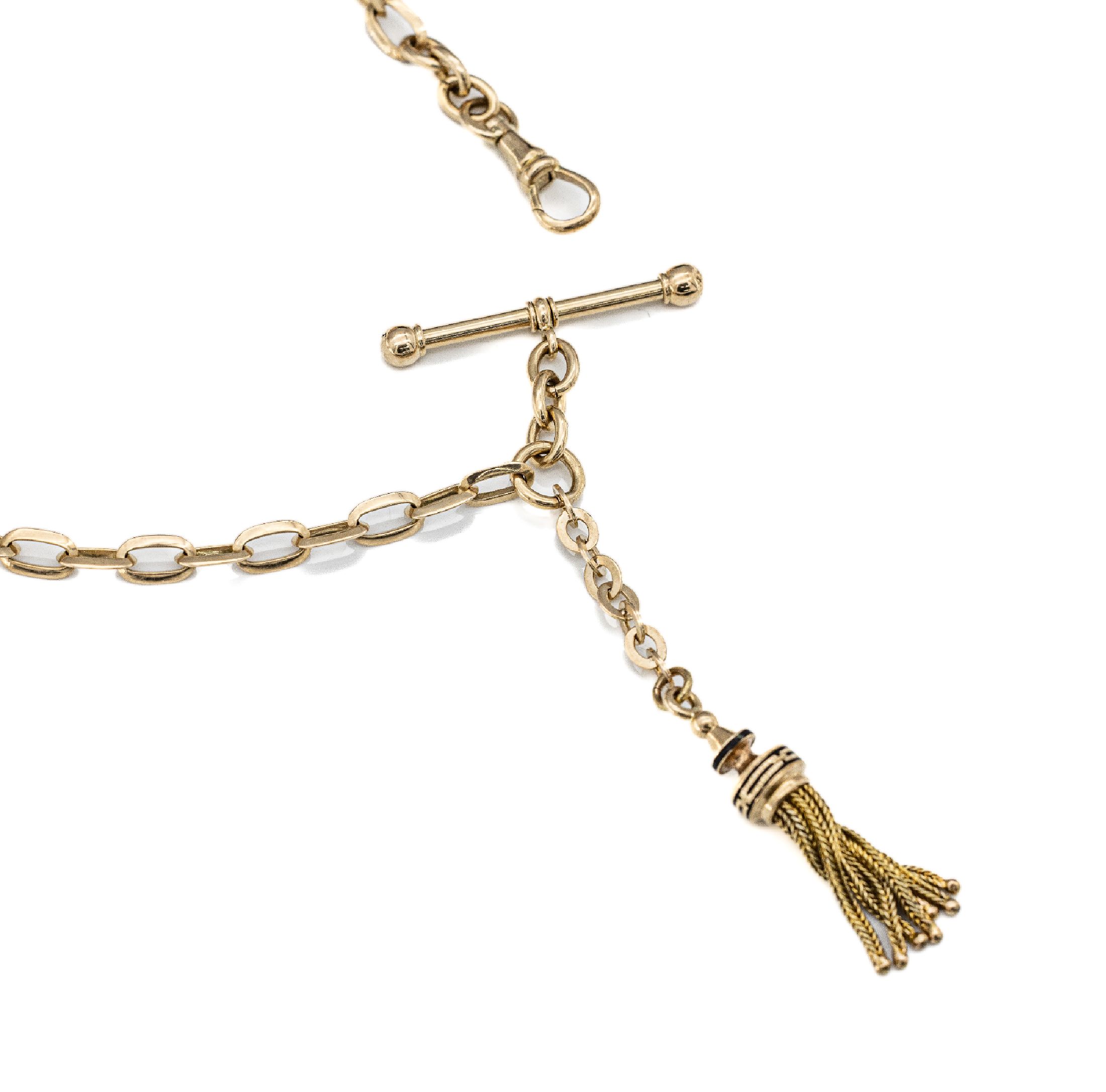 14 kt Gold Uhrenchatelaine, GG 585/000, um 1900, Abhängung mit Quaste, schwarz emaill., besch., L. ca. 35 cm, Karabiner und Knebel, ca. 15.6 g