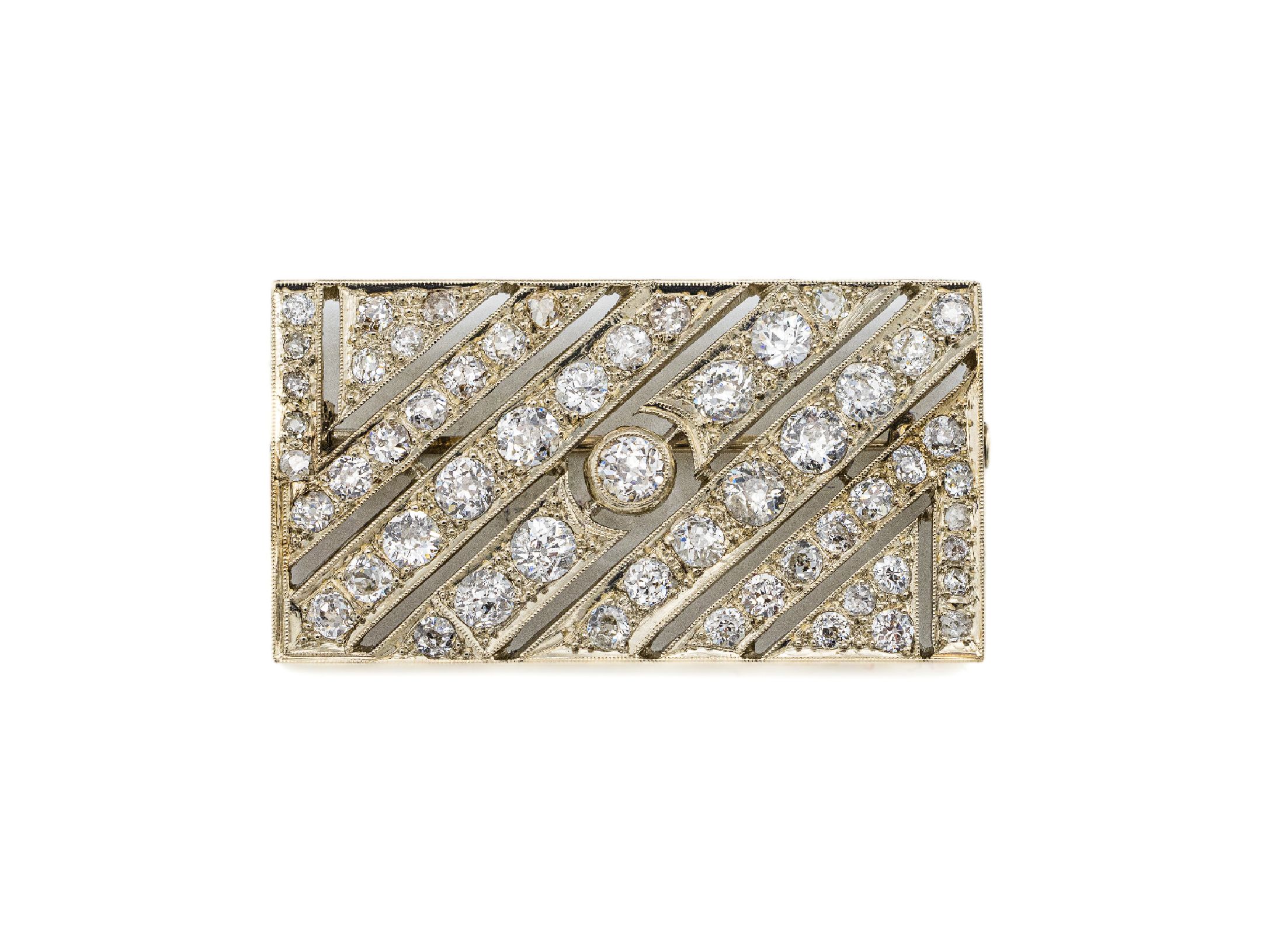 14 kt Gold Diamant-Brosche, WG 585/000, Österreich, Wien 1920er Jahre, in Reihe gefasste Altschliff-Diamanten zus. ca. 2.70 ...