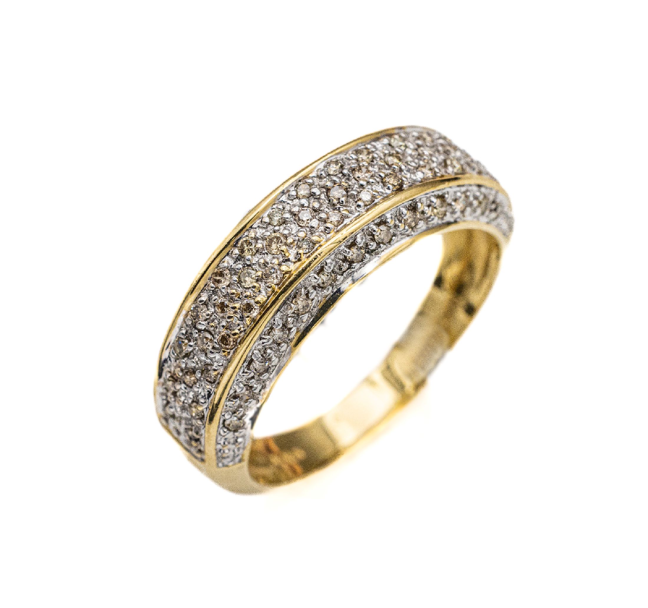 14 kt Gold Brillant-Ring, GG 585/000, Brillanten in rhod. Fassungen zus. ca. 0.50 ct (grav.) get.-Braun/si-p 1, total ca. 5.6 g, RW 62