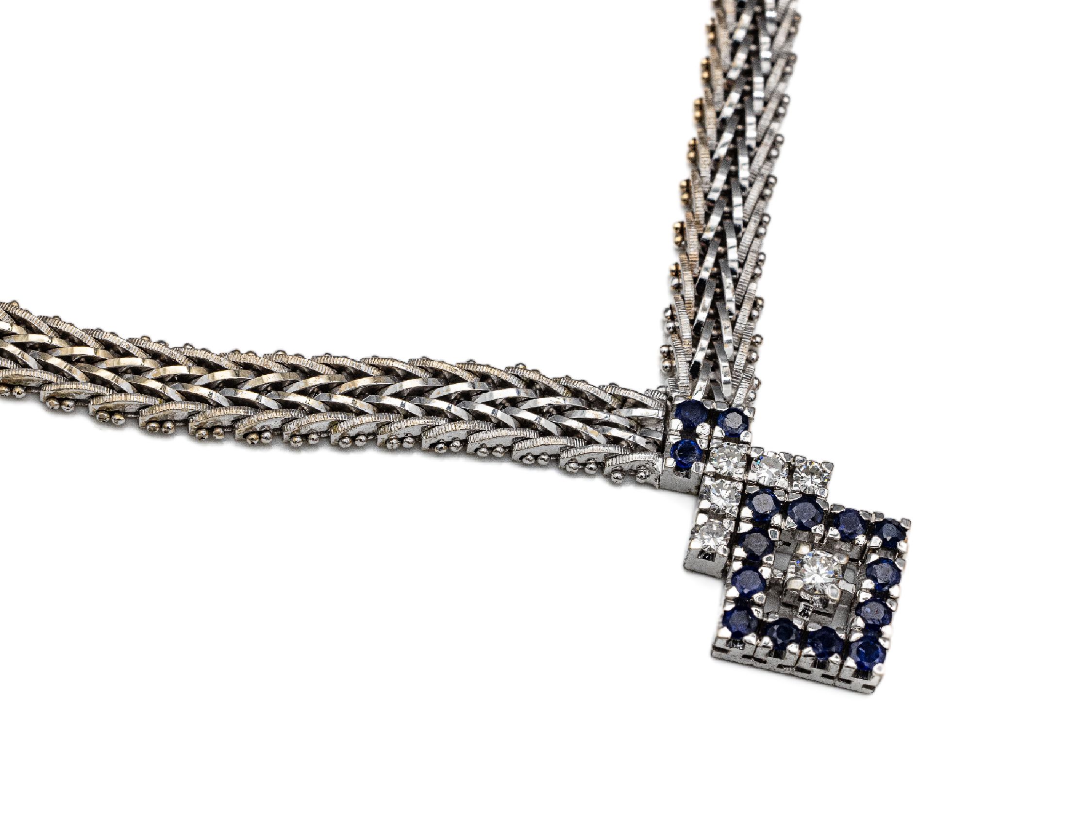 18 kt Gold Saphir-Brillant-Collier, WG 750/000, Meistermarke THEODOR WOLFF, 15 rundfacett. Saphire zus. ca. 1.10 ct, 6 Brillanten zus. ca. 0.55 ct ...