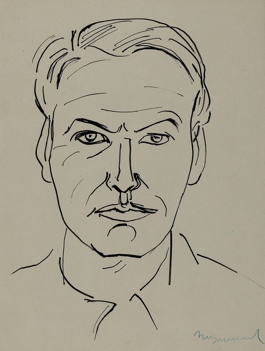 Rudi Baerwind, 1912-1982 Mannheim, Studium in Berlin, München und Paris, Schüler von Fernand Leger, Tuschezeichnung, Selbstporträt,rechts unten ...