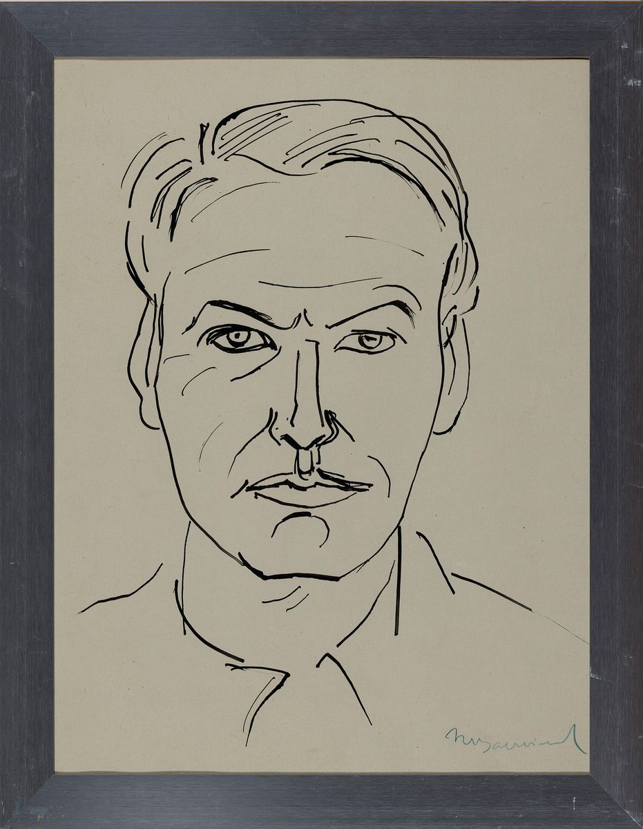 Detail k: Rudi Baerwind, 1912-1982 Mannheim, Studium in Berlin, München und Paris, Schüler von Fernand Leger, Tuschezeichnung, Selbstporträt,rechts unten ...