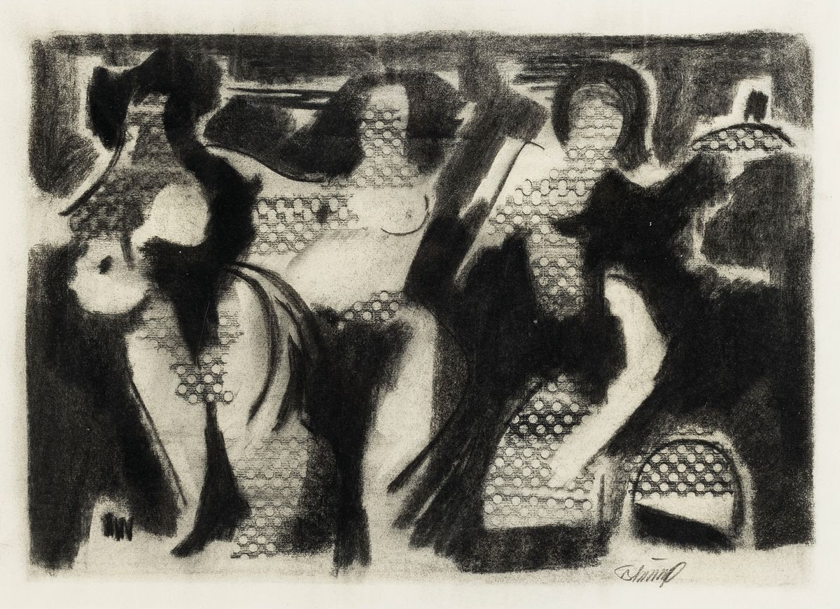 Walter Blümel, 1921 Trautenau-1997 Leonberg,Malerlehre, Studium an der Akademie Wien, Meisterschüler bei Willi Baumeister, Kreidezeichnung, ...