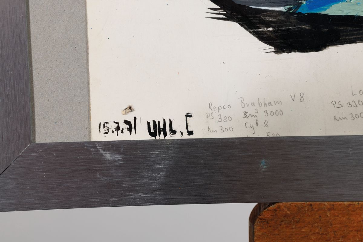 Detail e: Christian Uhl, geb. 1956 Speyer, Studium an der Akademie Karlsruhe, Paar Rennwägen, Aquarell, links unten signiert u. datiert 15.7.71 unter Glas ...