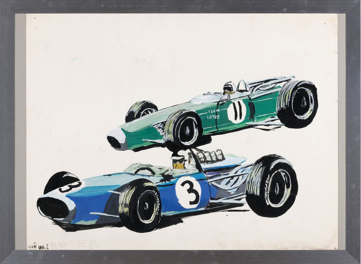 Detail k: Christian Uhl, geb. 1956 Speyer, Studium an der Akademie Karlsruhe, Paar Rennwägen, Aquarell, links unten signiert u. datiert 15.7.71 unter Glas ...